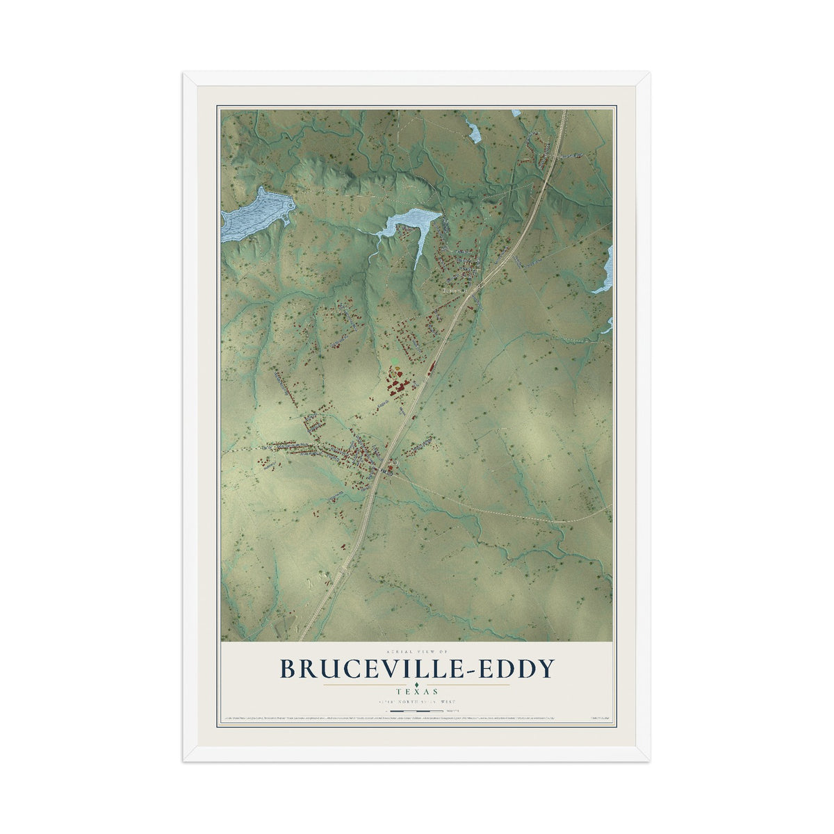 Map of Bruceville-Eddy, Texas, 12 x 18 inch print in a white wood frame