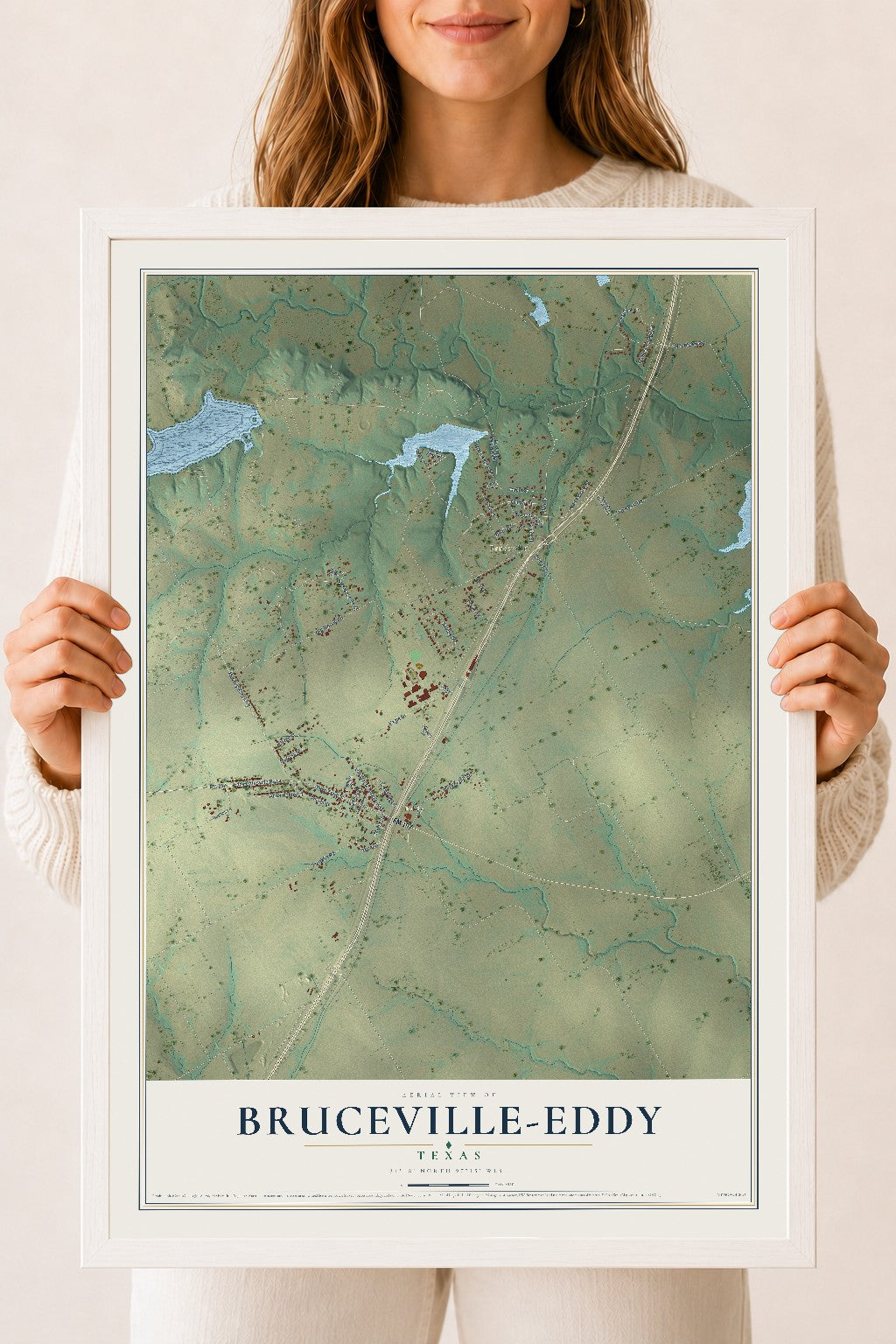 Map of Bruceville-Eddy, Texas, 18 x 24 inch print in a white wood frame