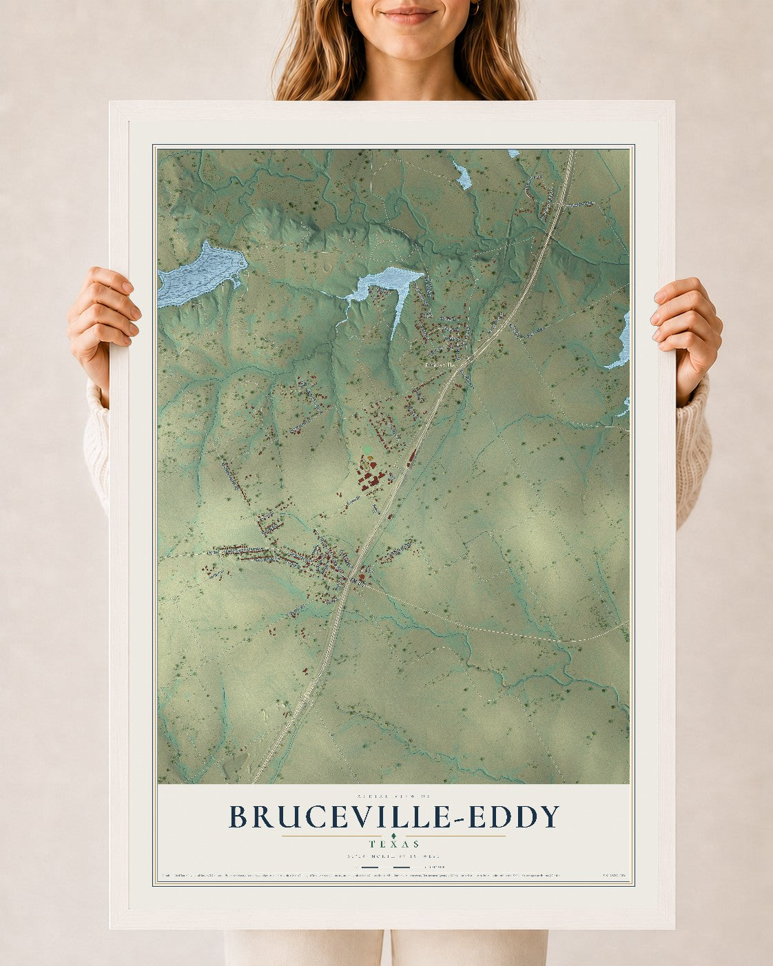 Map of Bruceville-Eddy, Texas, 24 x 36 inch print in a white wood frame