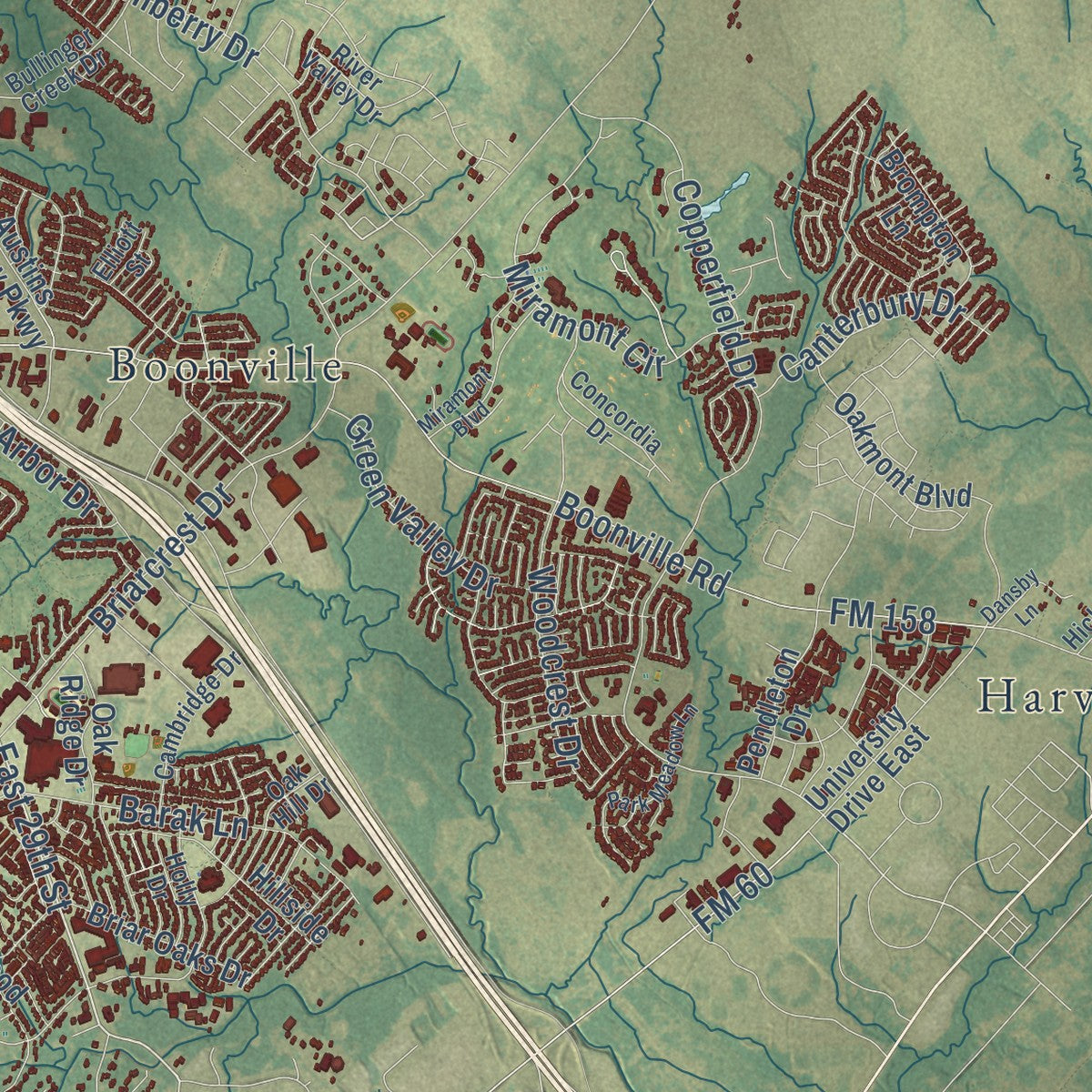 Second close-up of the map of Bryan, Texas print showing more streets and buildings
