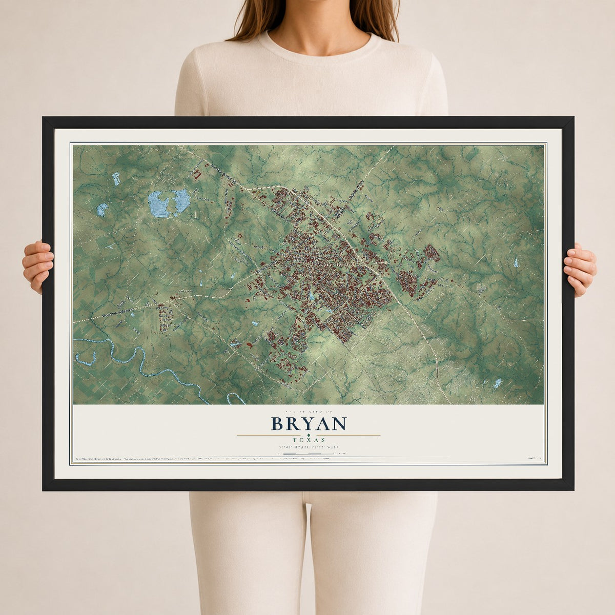 Map of Bryan, Texas, 24 x 36 inch print in a black wood frame