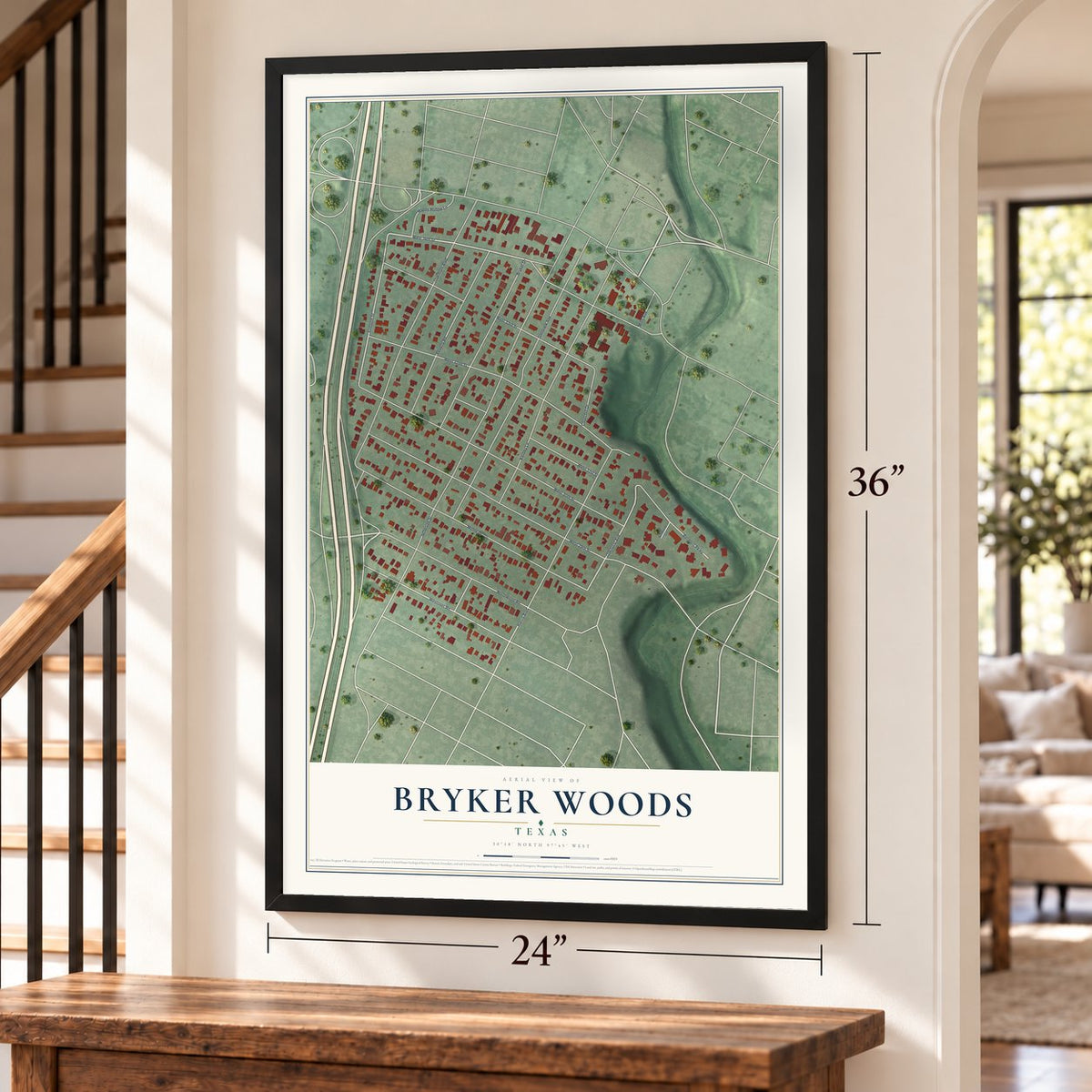 Bryker Woods, Texas map, 24 x 36 inch print in a black frame by a staircase