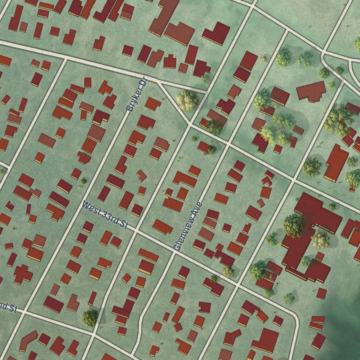 Close-up of the map of Bryker Woods, Texas print showing street and building detail