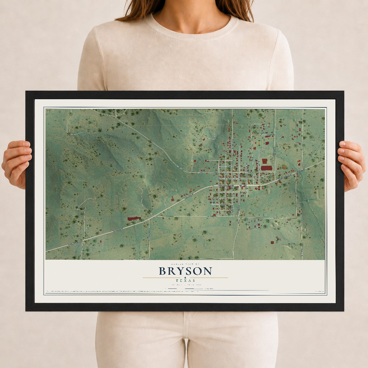 Map of Bryson, Texas, 12 x 18 inch print in a black wood frame