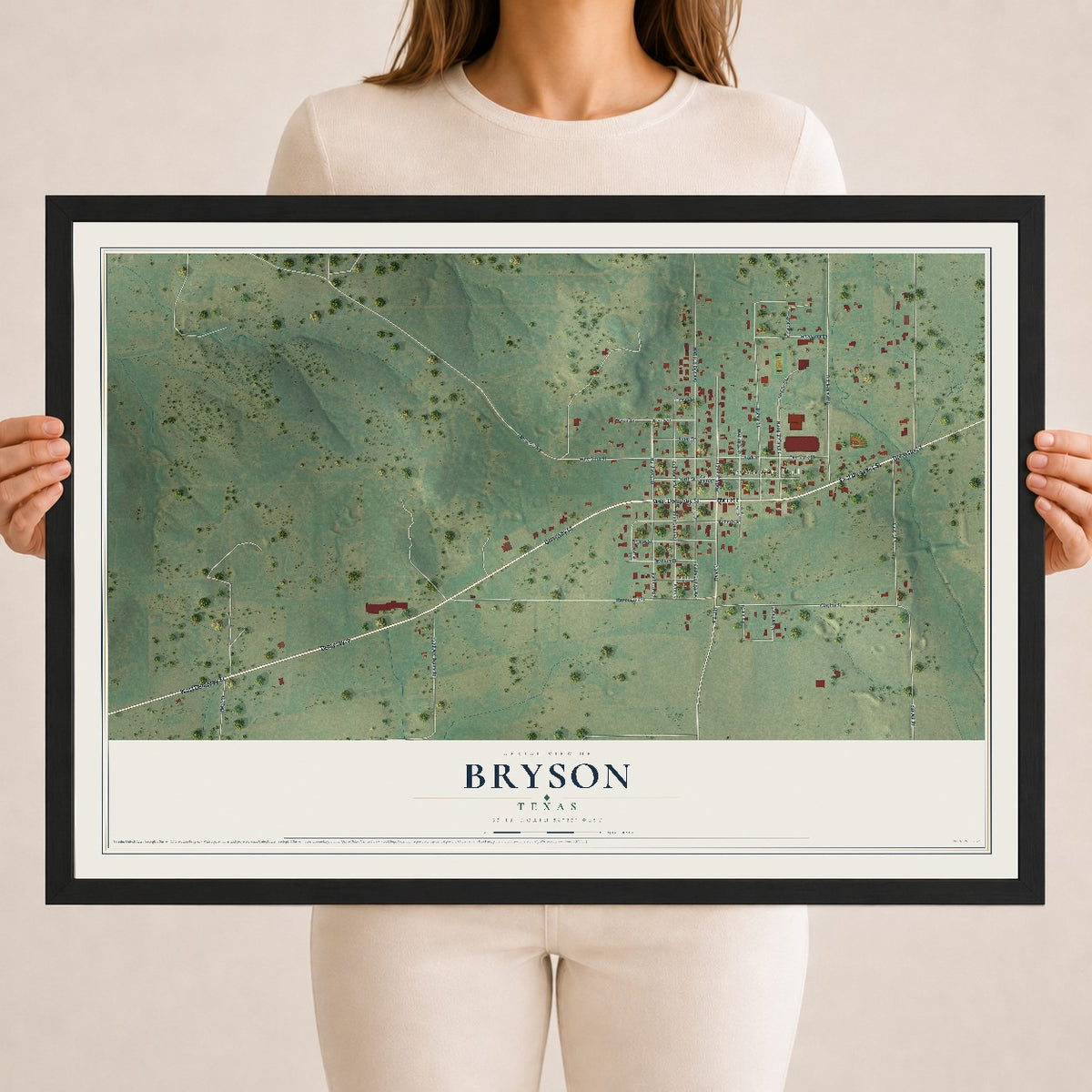 Map of Bryson, Texas, 18 x 24 inch print in a black wood frame