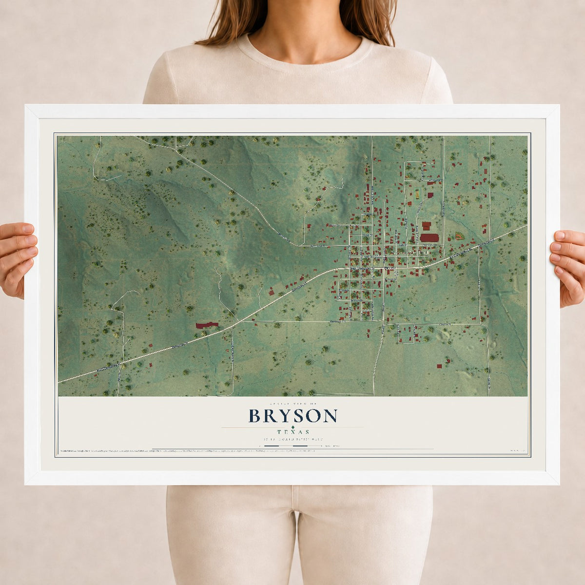 Map of Bryson, Texas, 18 x 24 inch print in a white wood frame