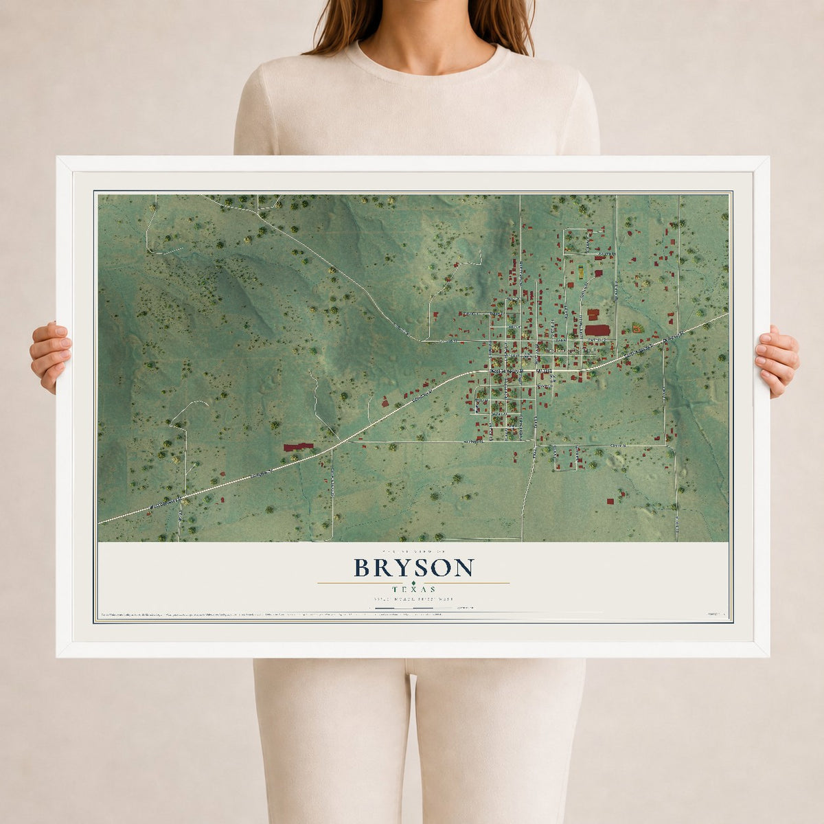 Map of Bryson, Texas, 24 x 36 inch print in a white wood frame