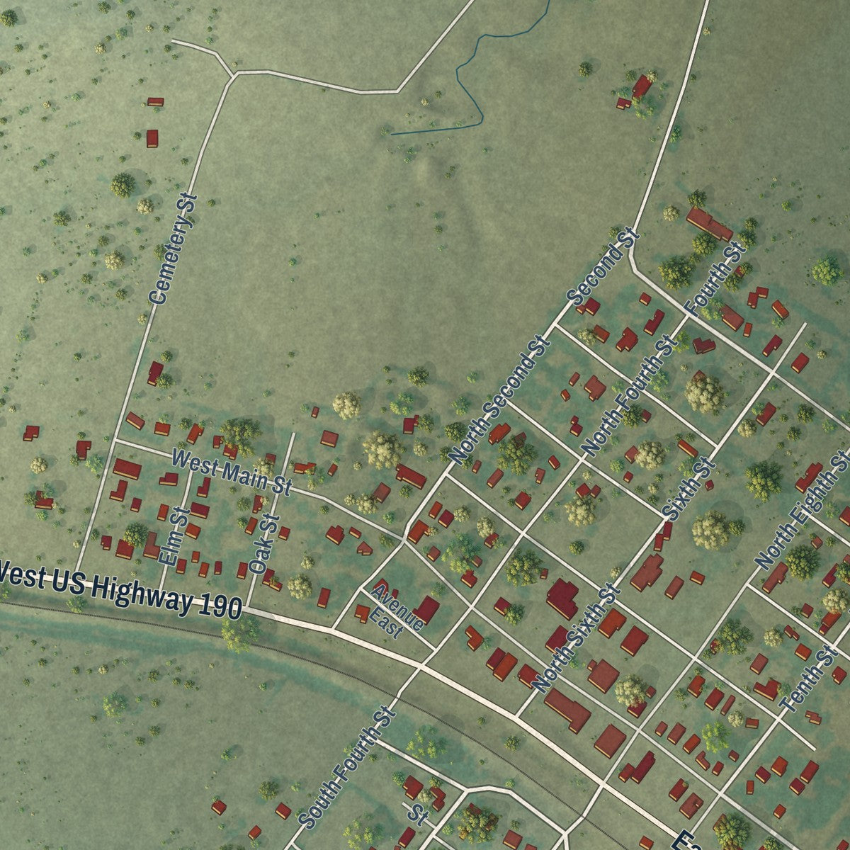 Close-up of the map of Buckholts, Texas print showing street and building detail