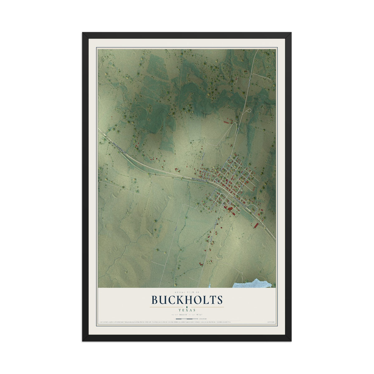 Map of Buckholts, Texas, 12 x 18 inch print in a black wood frame