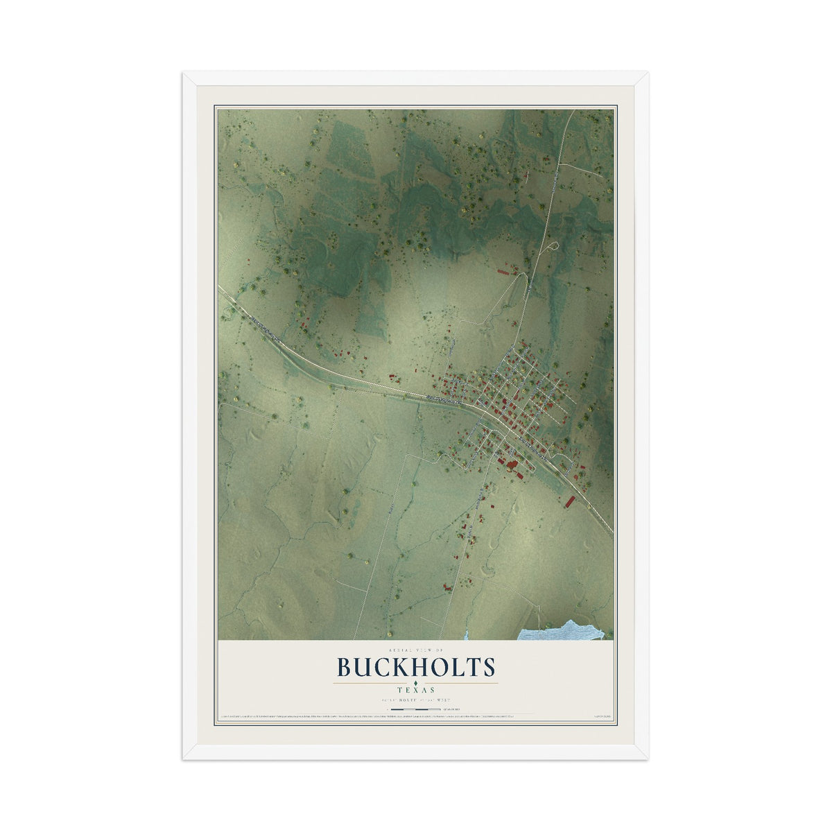 Map of Buckholts, Texas, 12 x 18 inch print in a white wood frame