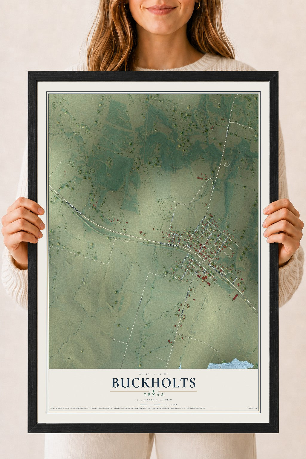 Map of Buckholts, Texas, 18 x 24 inch print in a black wood frame