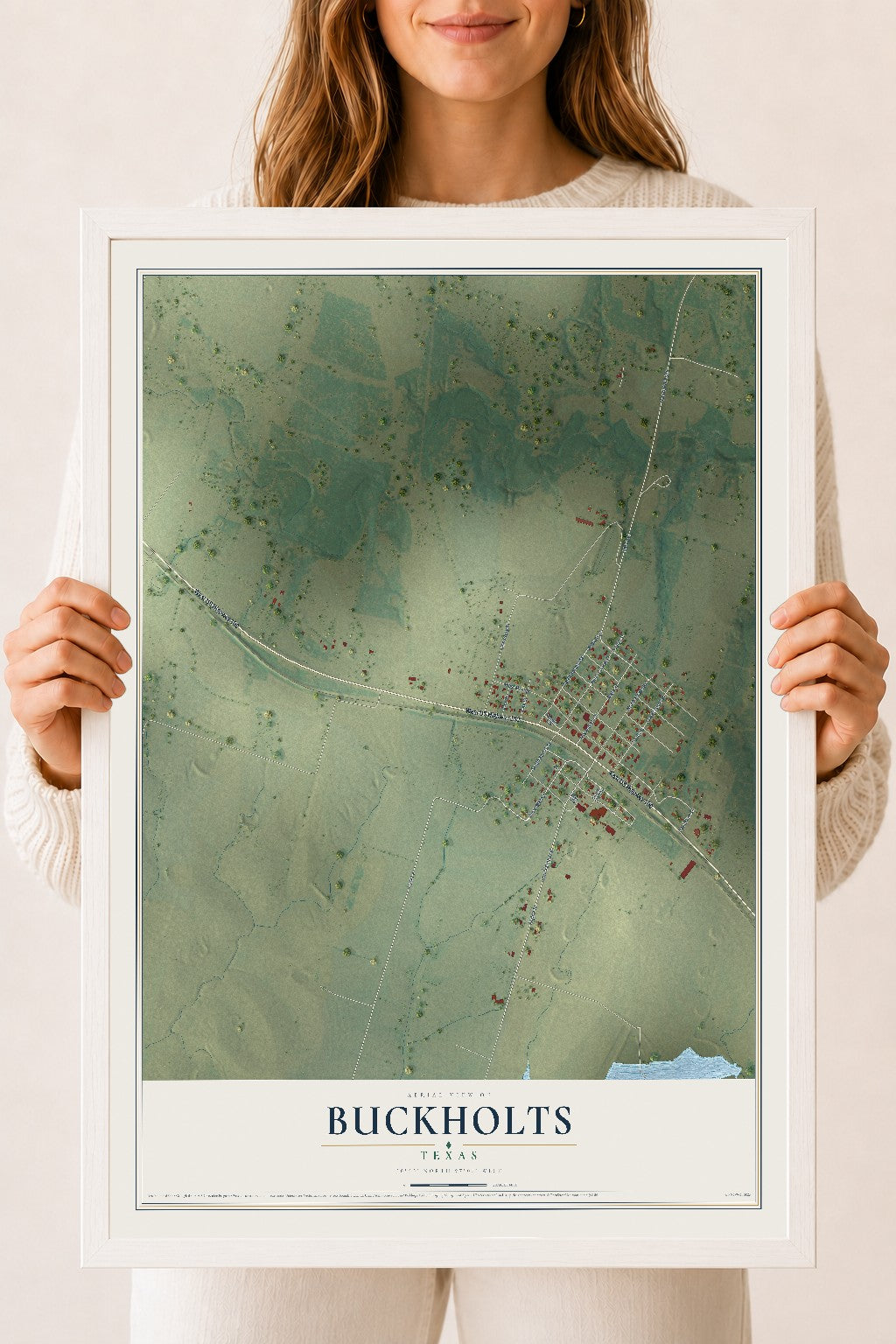 Map of Buckholts, Texas, 18 x 24 inch print in a white wood frame