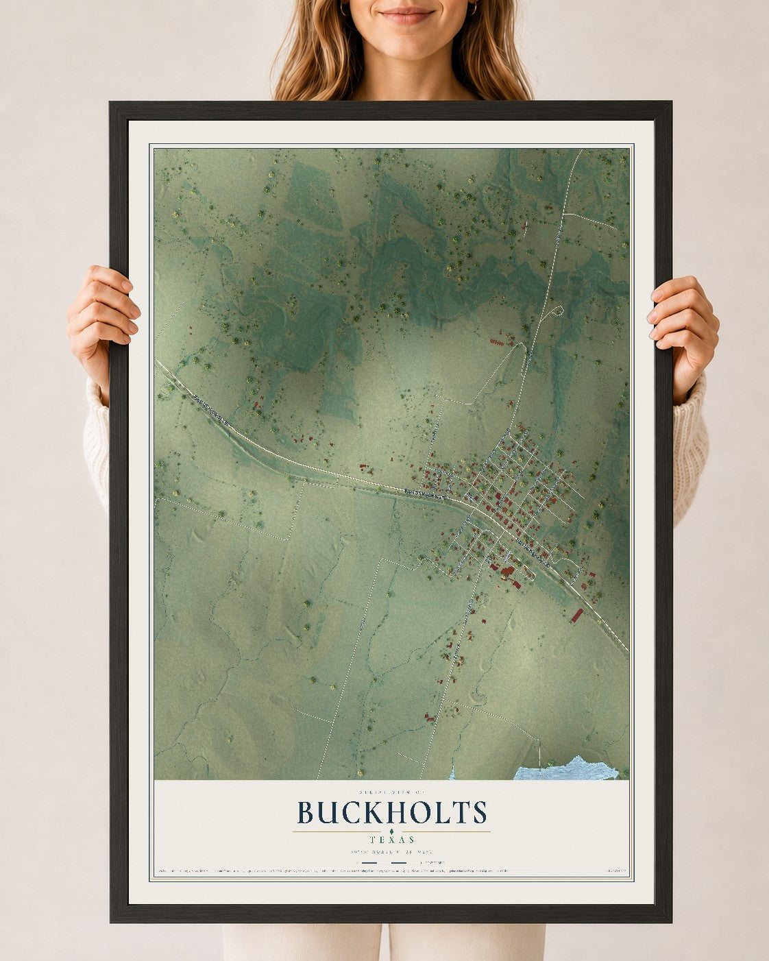 Map of Buckholts, Texas, 24 x 36 inch print in a black wood frame