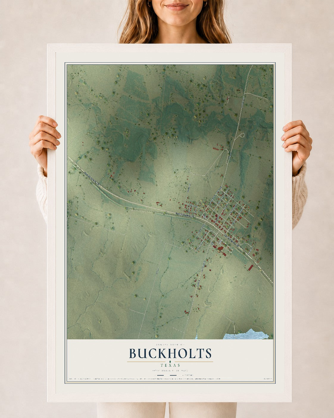 Map of Buckholts, Texas, 24 x 36 inch print in a white wood frame