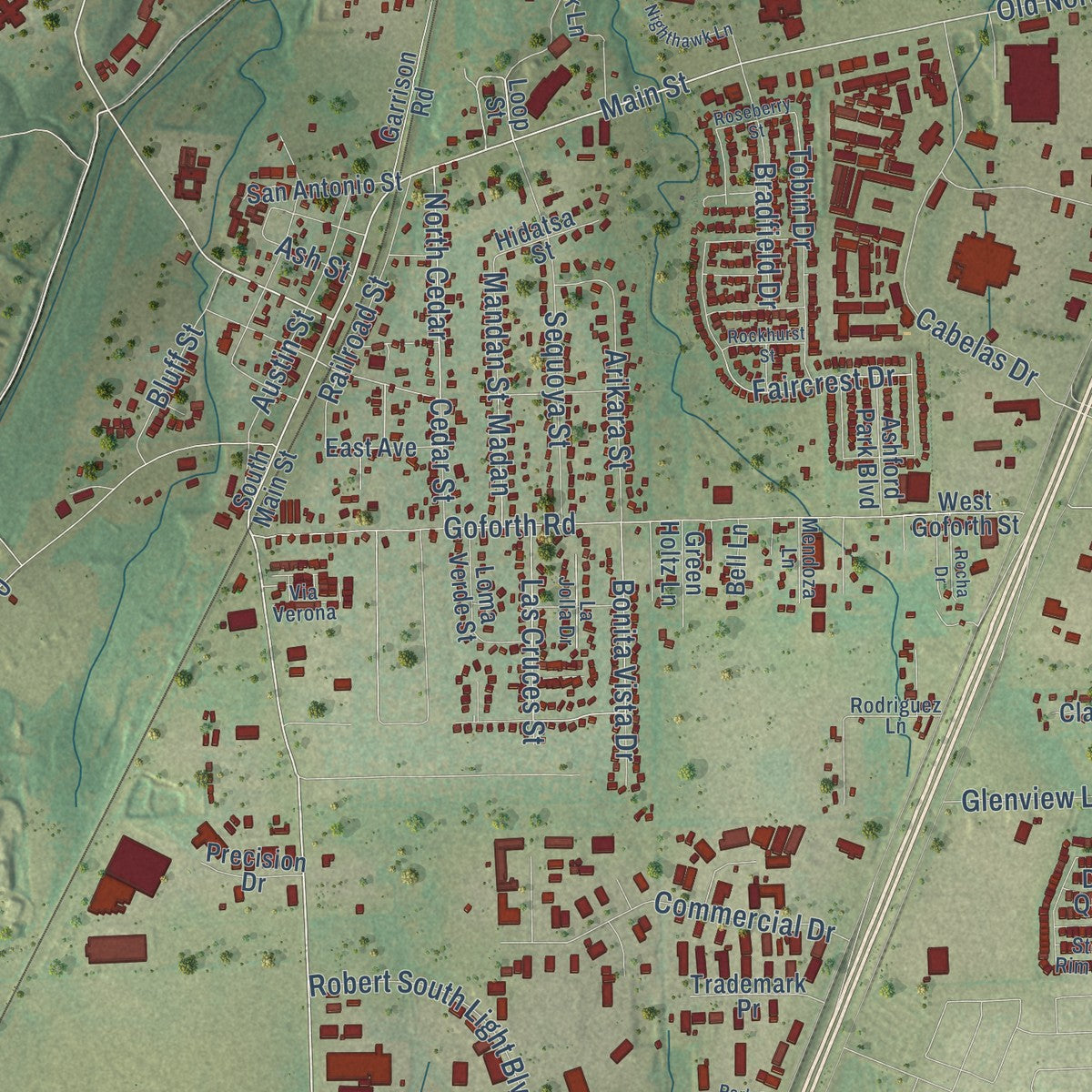 Close-up of the map of Buda, Texas print showing street and building detail