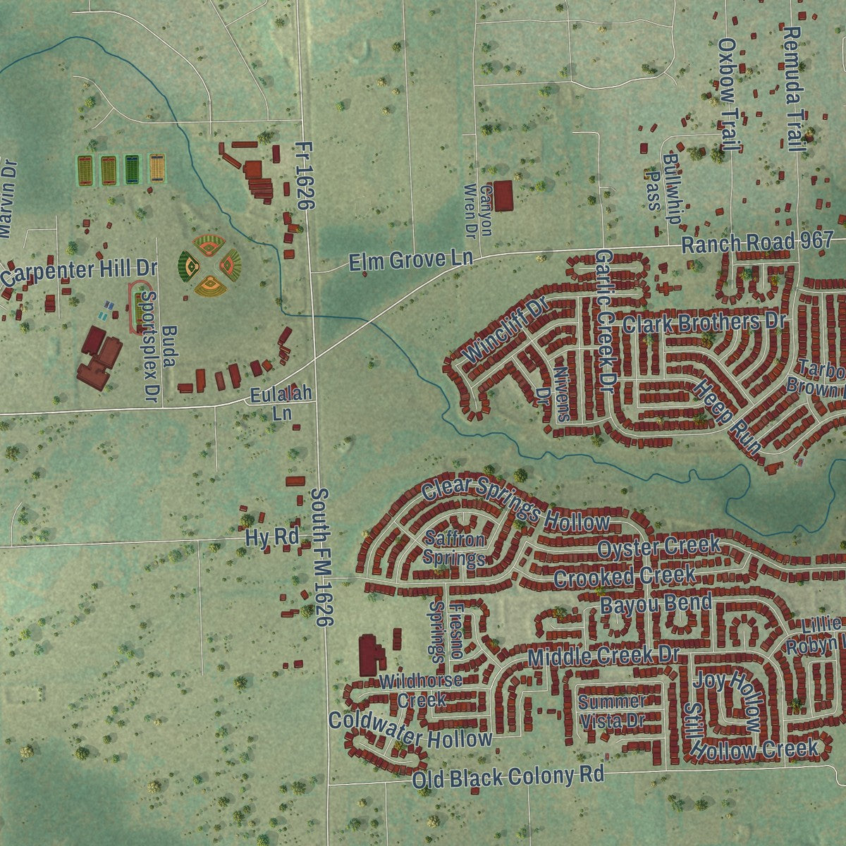 Second close-up of the map of Buda, Texas print showing more streets and buildings