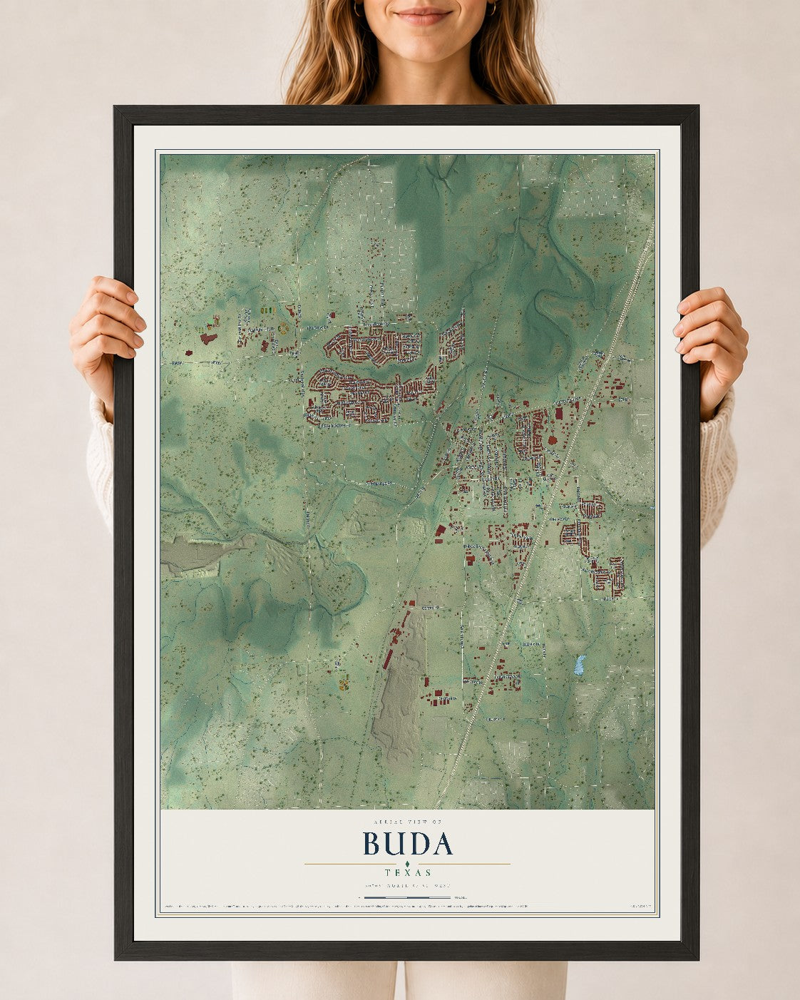 Map of Buda, Texas, 24 x 36 inch print in a black wood frame