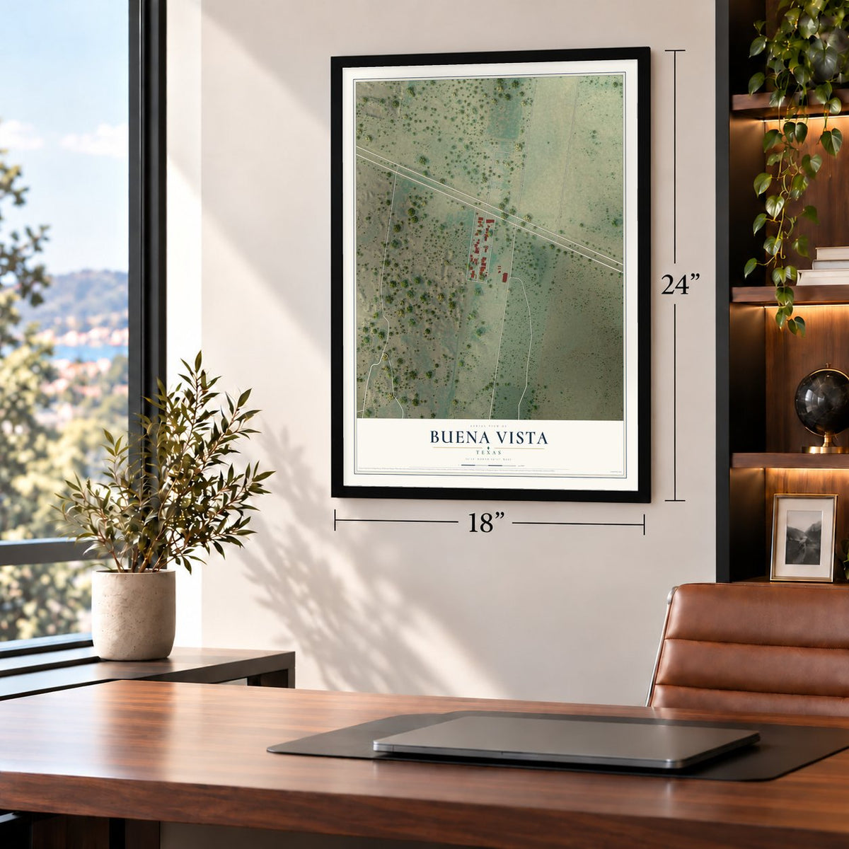 Buena Vista, Texas map, 18 x 24 inch print in a black frame in a home office