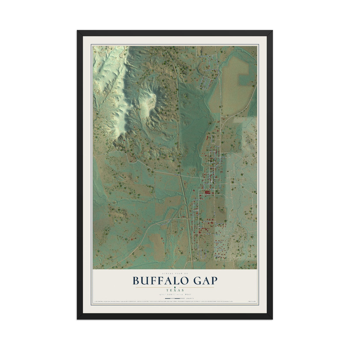 Map of Buffalo Gap, Texas, 12 x 18 inch print in a black wood frame