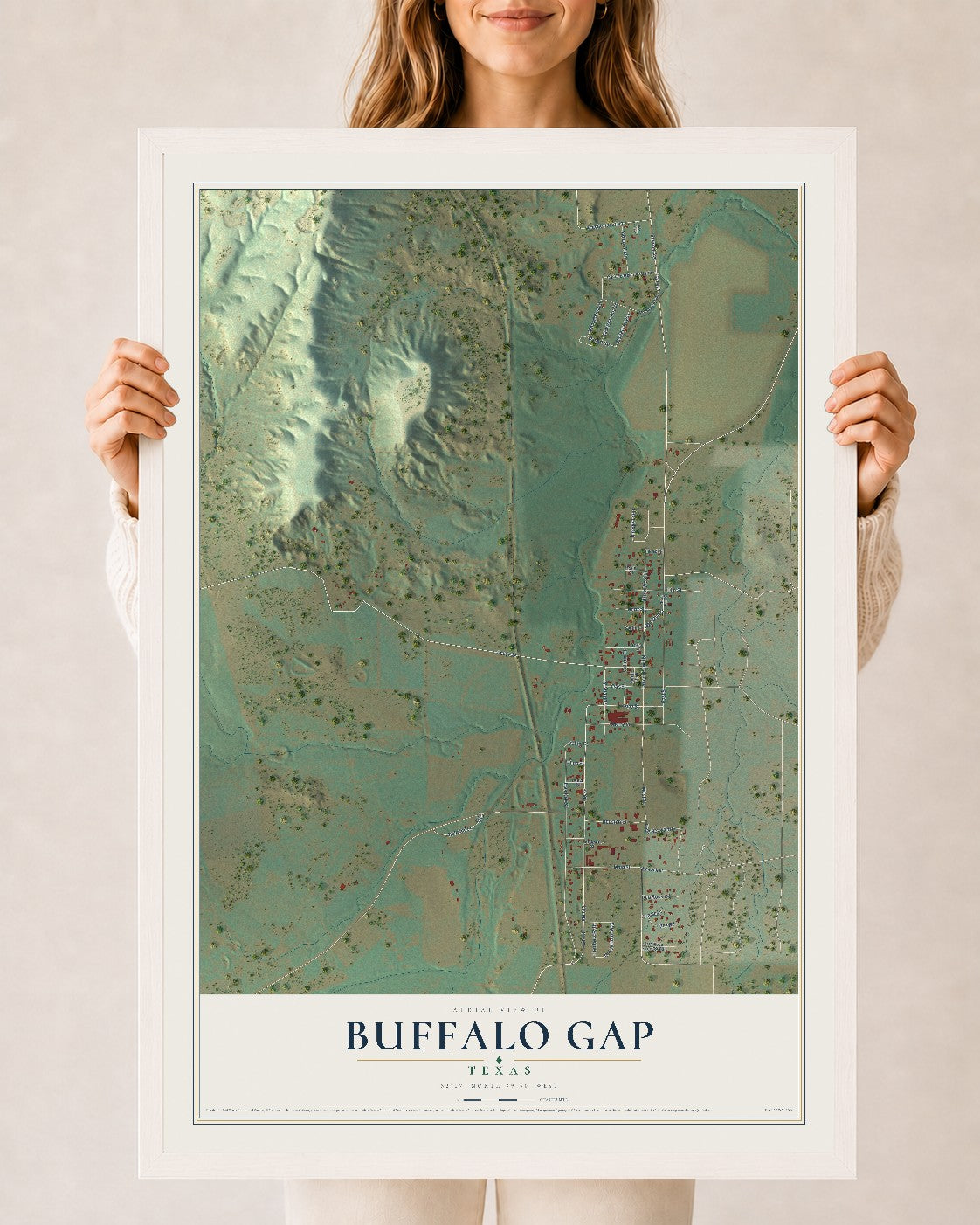 Map of Buffalo Gap, Texas, 24 x 36 inch print in a white wood frame