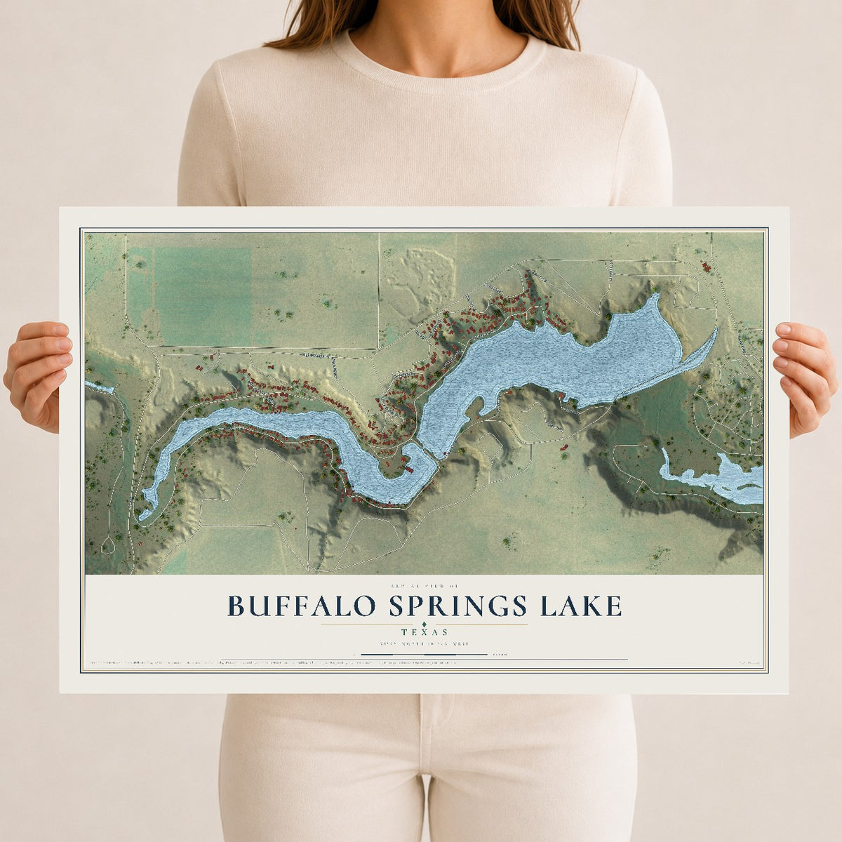 Map of Buffalo Springs Lake, Texas, 12 x 18 inch unframed archival matte print