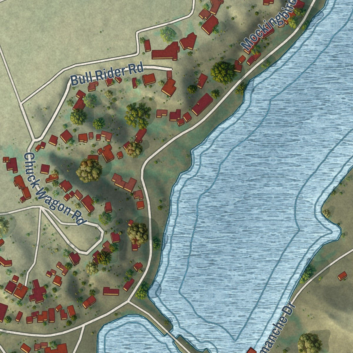 Close-up of the map of Buffalo Springs Lake, Texas print showing street and building detail