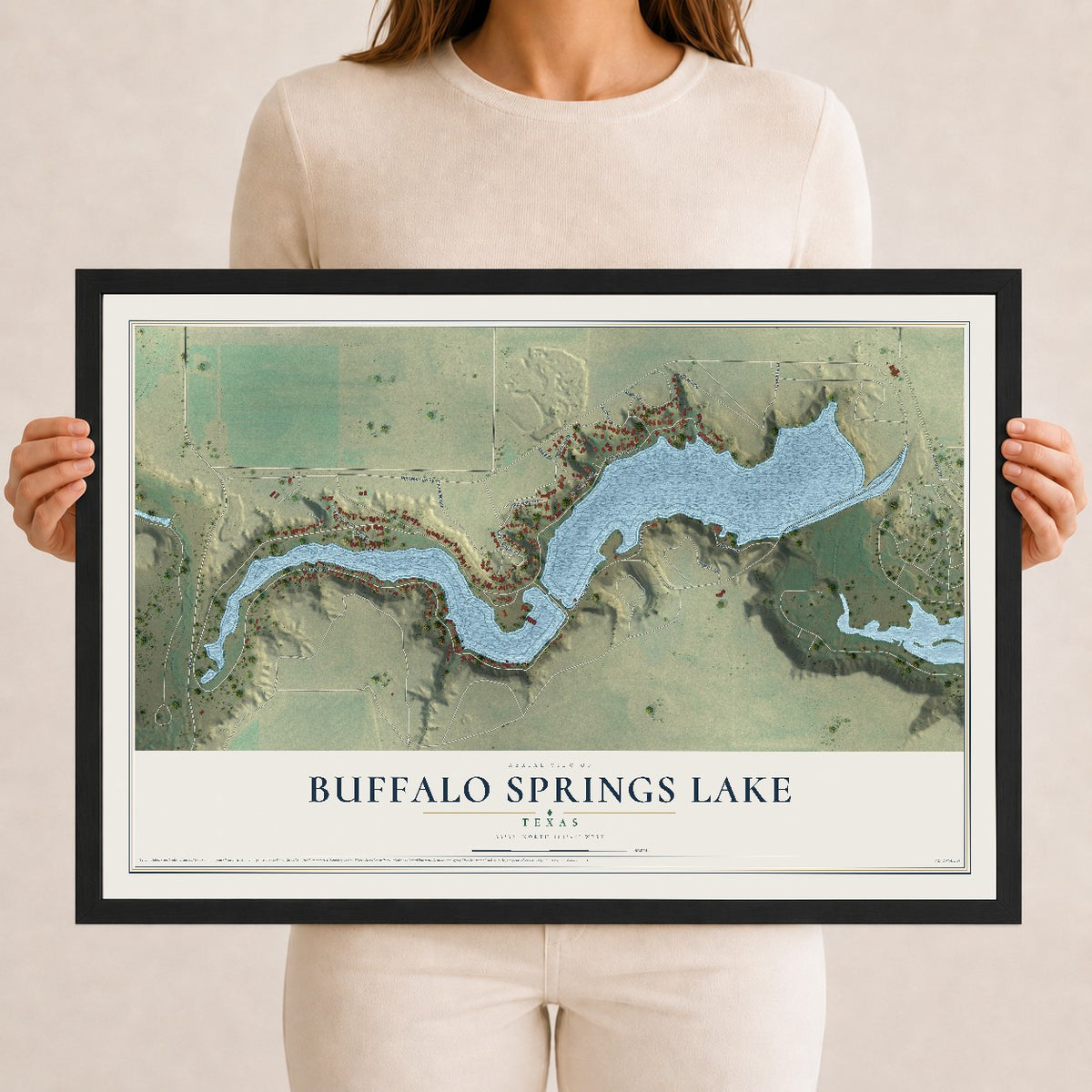 Map of Buffalo Springs Lake, Texas, 12 x 18 inch print in a black wood frame