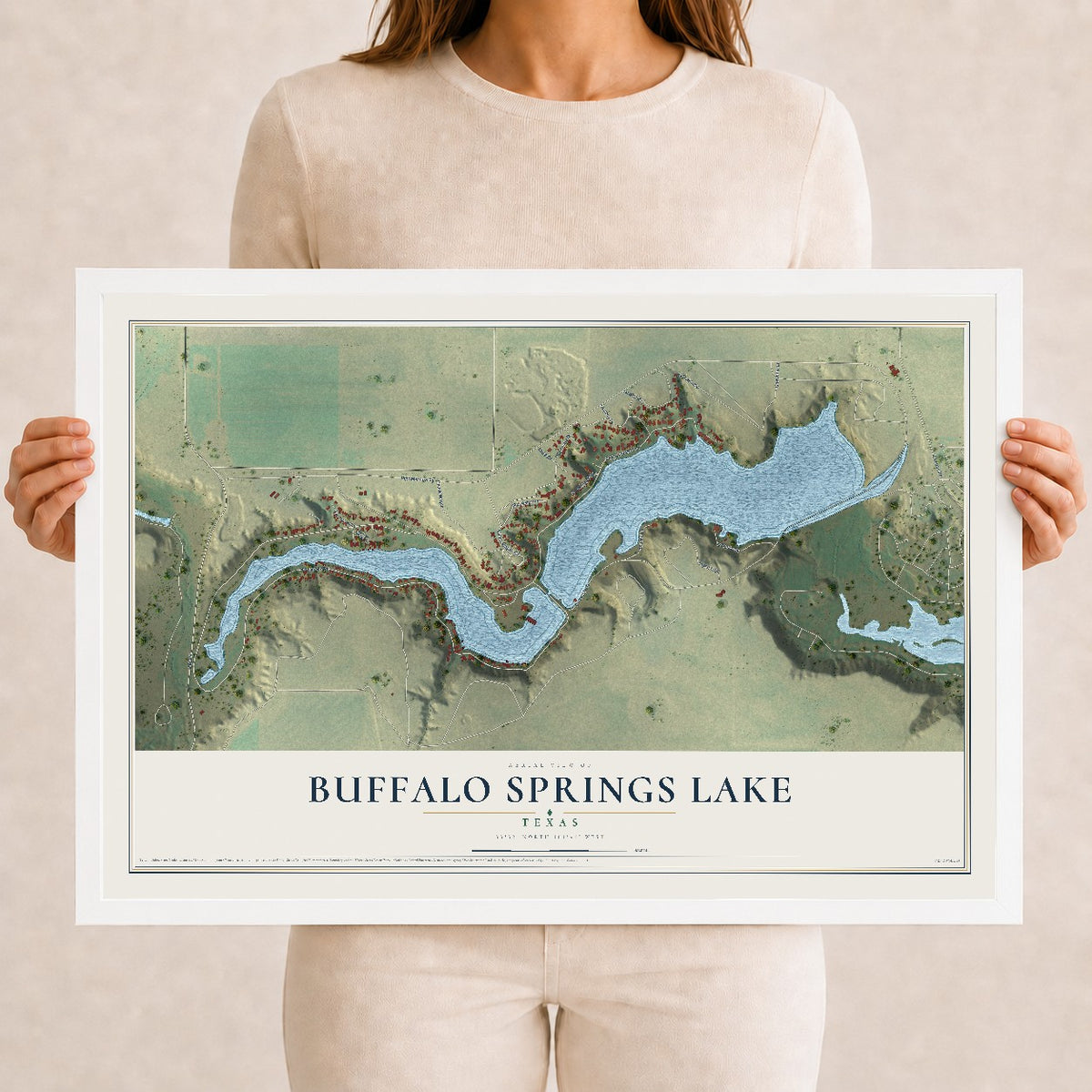 Map of Buffalo Springs Lake, Texas, 12 x 18 inch print in a white wood frame