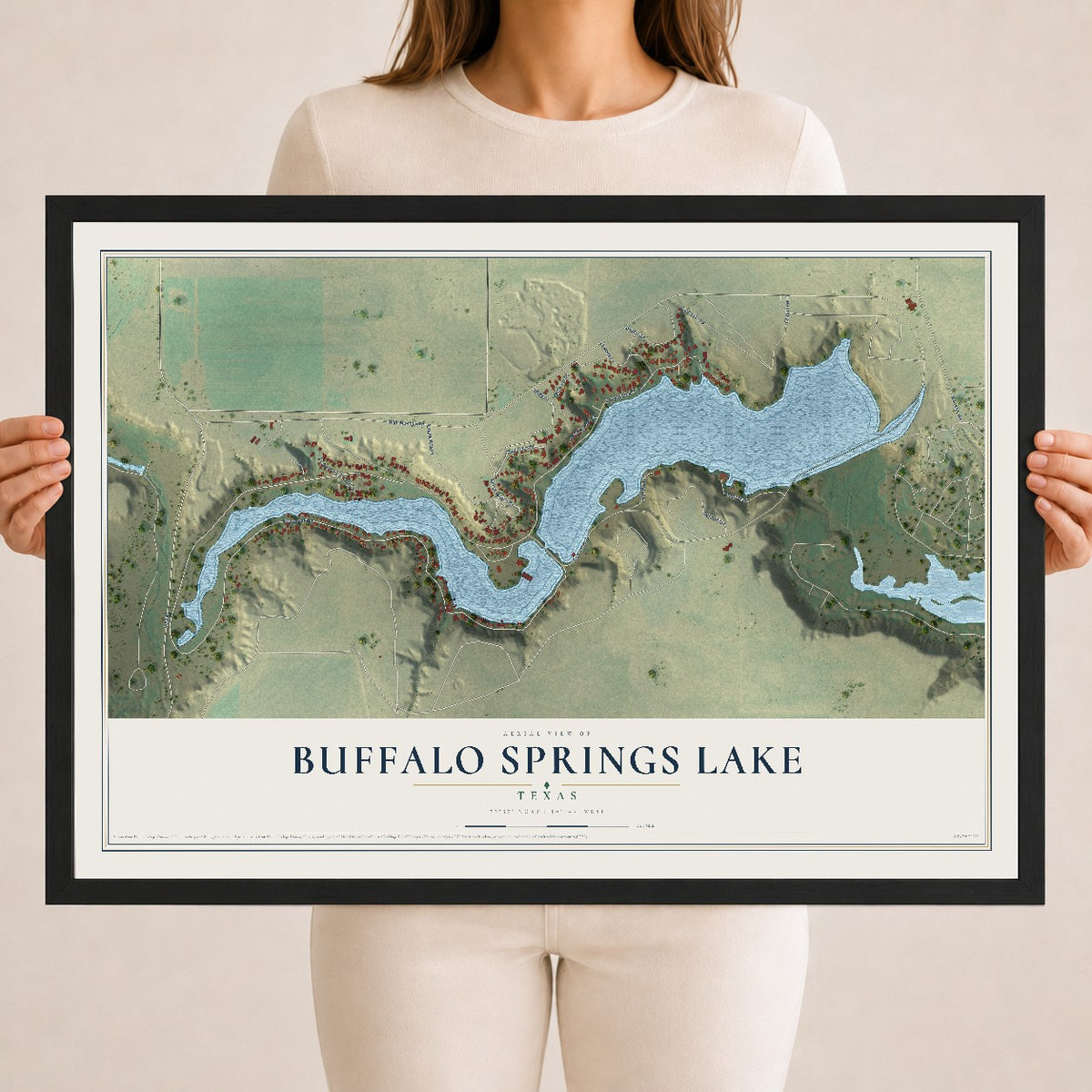 Map of Buffalo Springs Lake, Texas, 18 x 24 inch print in a black wood frame