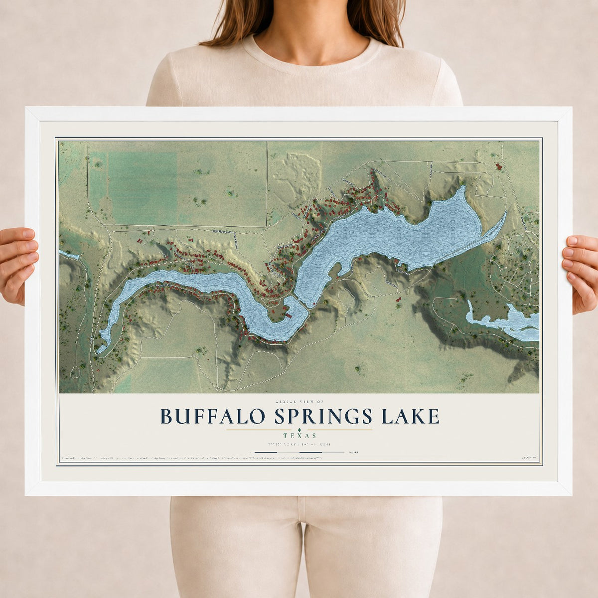Map of Buffalo Springs Lake, Texas, 18 x 24 inch print in a white wood frame