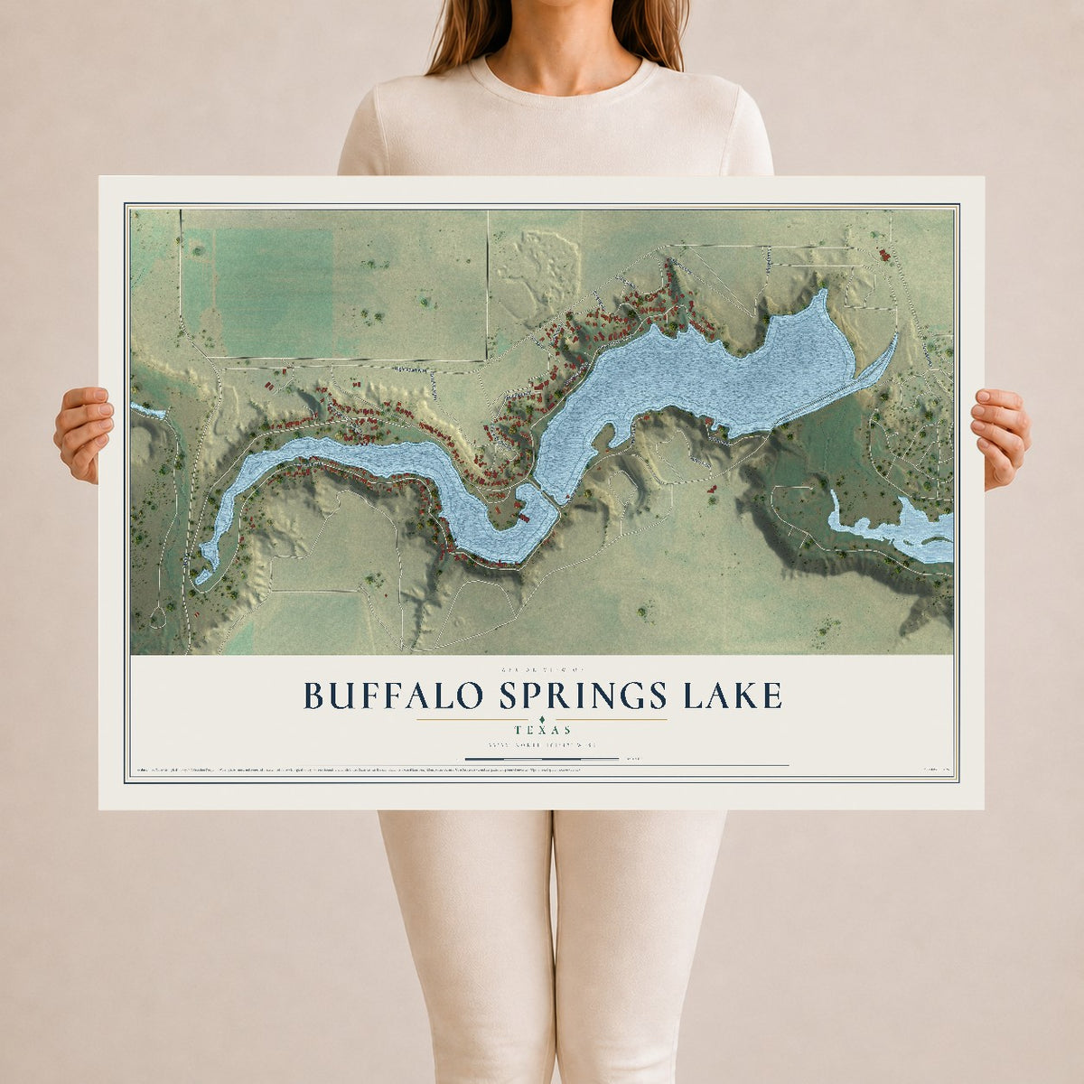 Map of Buffalo Springs Lake, Texas, 24 x 36 inch unframed archival matte print