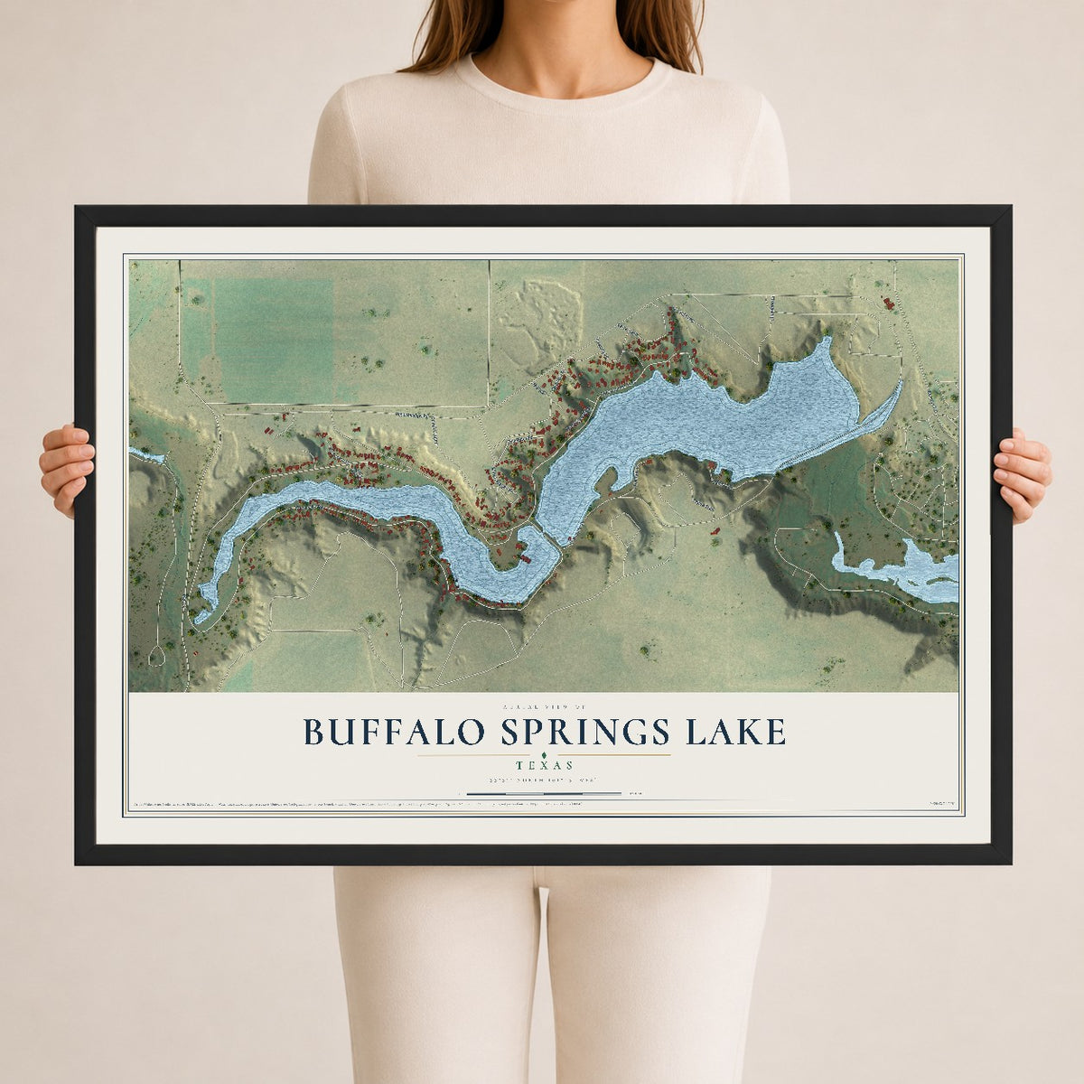 Map of Buffalo Springs Lake, Texas, 24 x 36 inch print in a black wood frame
