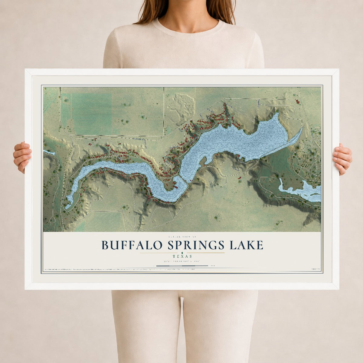 Map of Buffalo Springs Lake, Texas, 24 x 36 inch print in a white wood frame