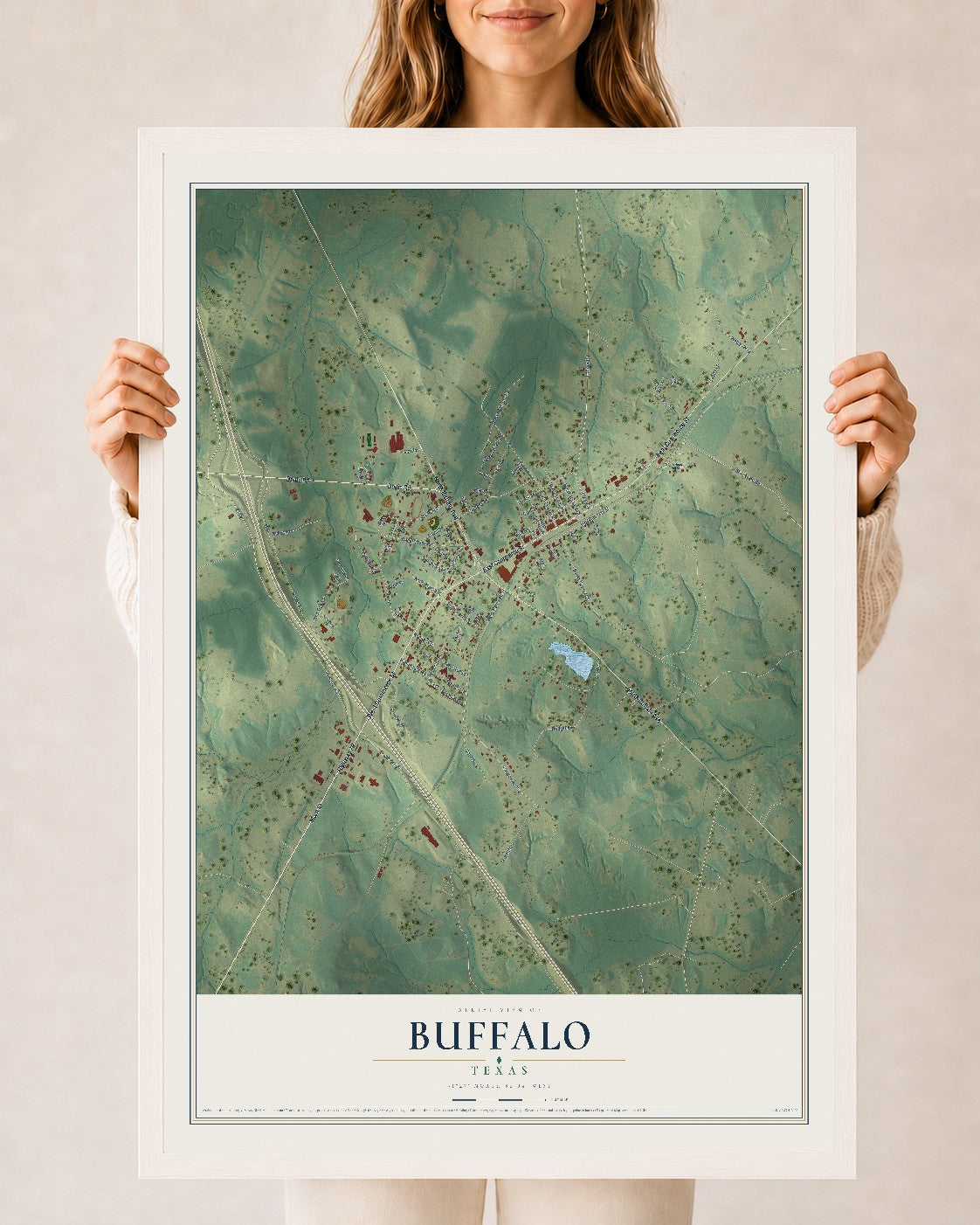 Map of Buffalo, Texas, 24 x 36 inch print in a white wood frame