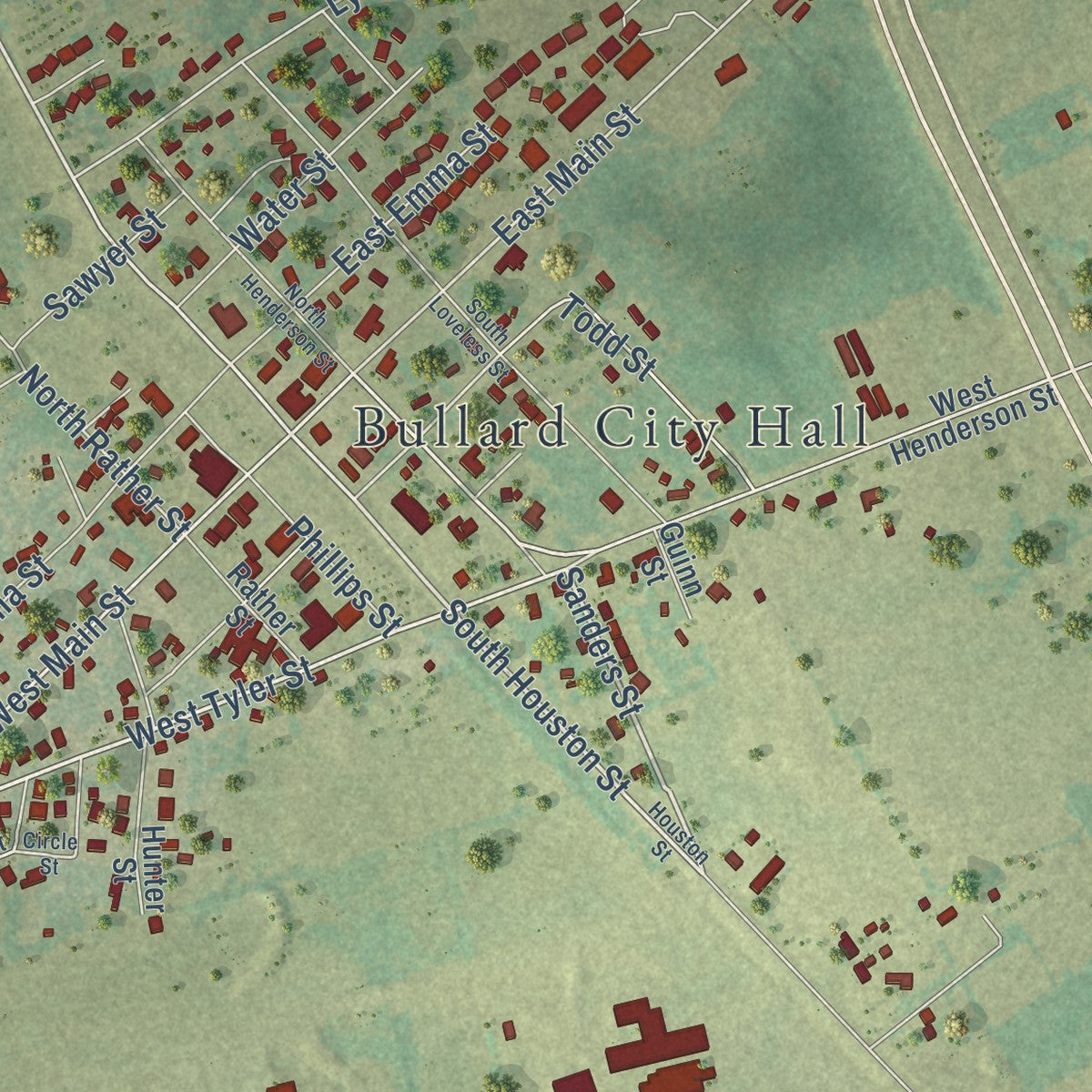 Second close-up of the map of Bullard, Texas print showing more streets and buildings