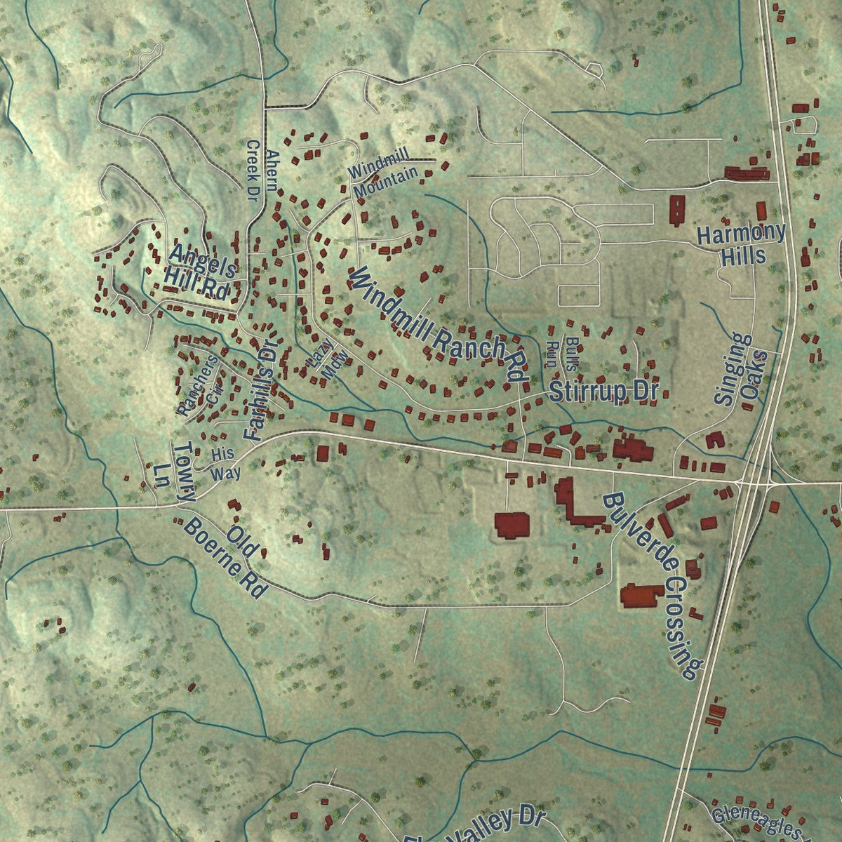 Second close-up of the map of Bulverde, Texas print showing more streets and buildings