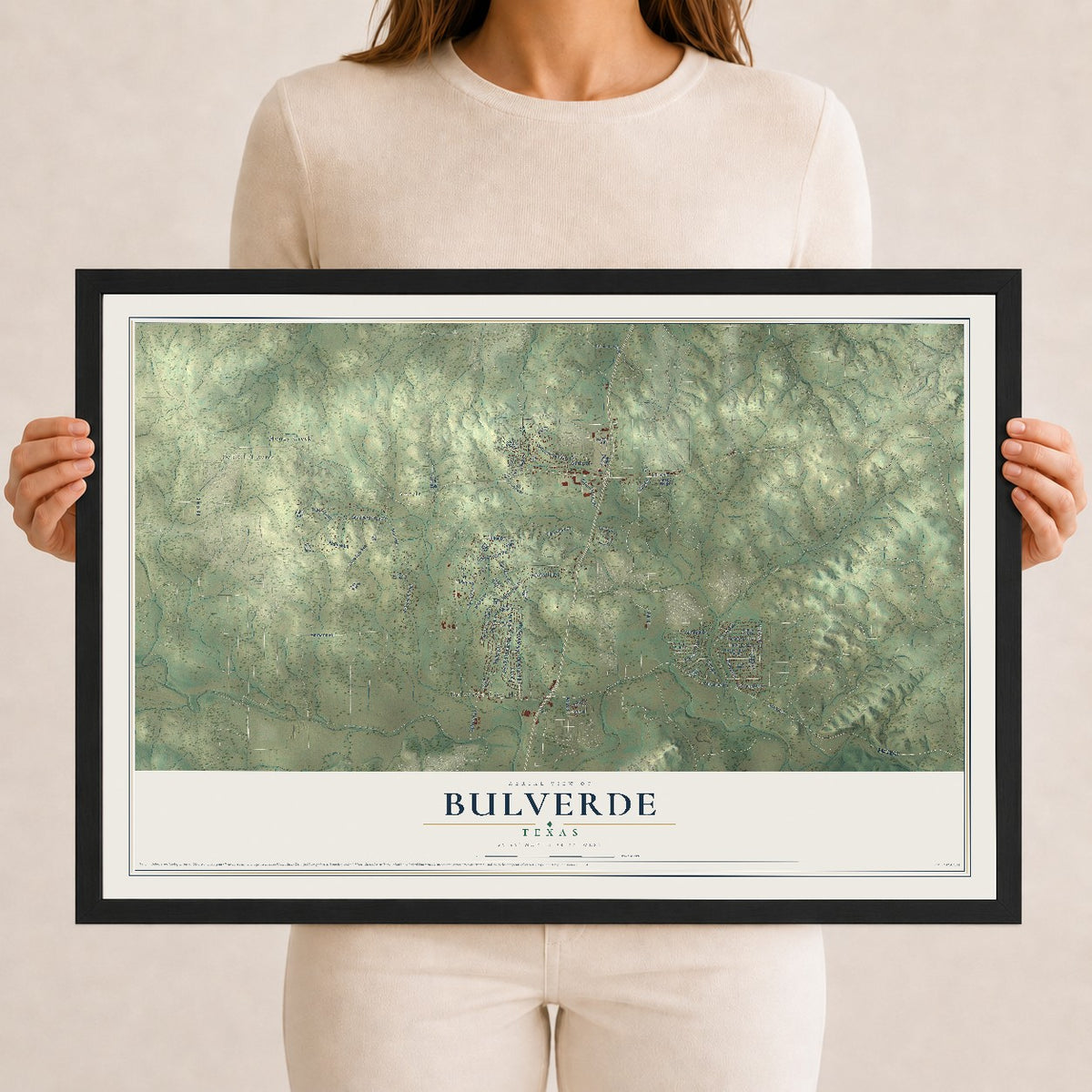 Map of Bulverde, Texas, 12 x 18 inch print in a black wood frame