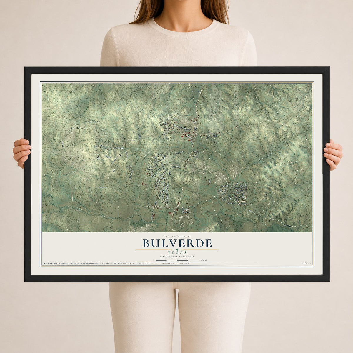 Map of Bulverde, Texas, 24 x 36 inch print in a black wood frame