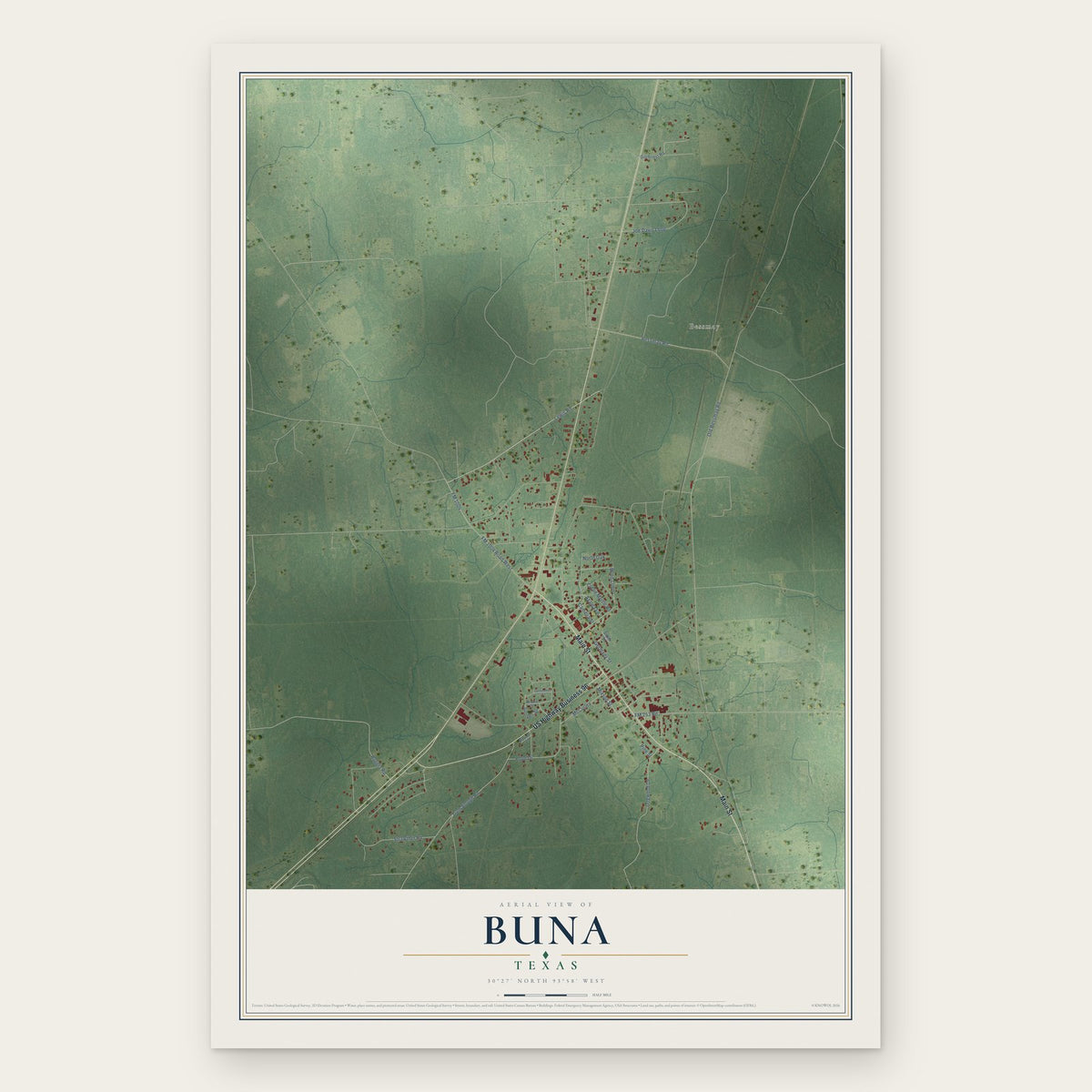 Buna, Texas map print, the full design