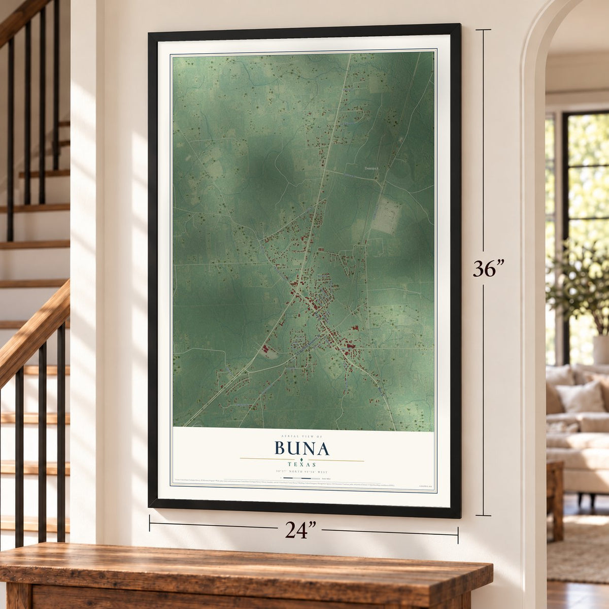 Buna, Texas map, 24 x 36 inch print in a black frame by a staircase