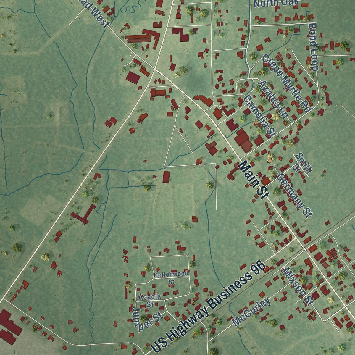 Close-up of the map of Buna, Texas print showing street and building detail