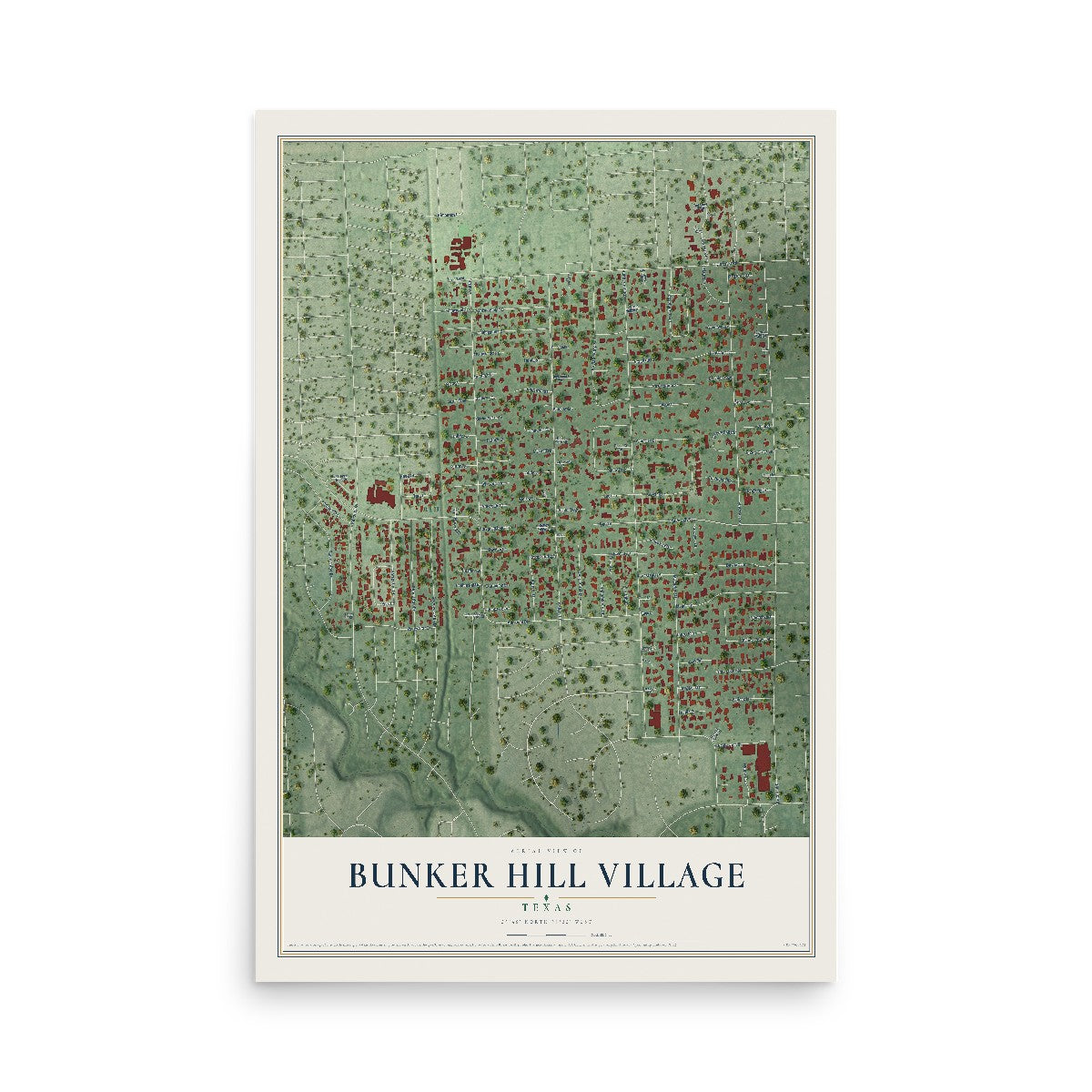 Map of Bunker Hill Village, Texas, 12 x 18 inch unframed archival matte print