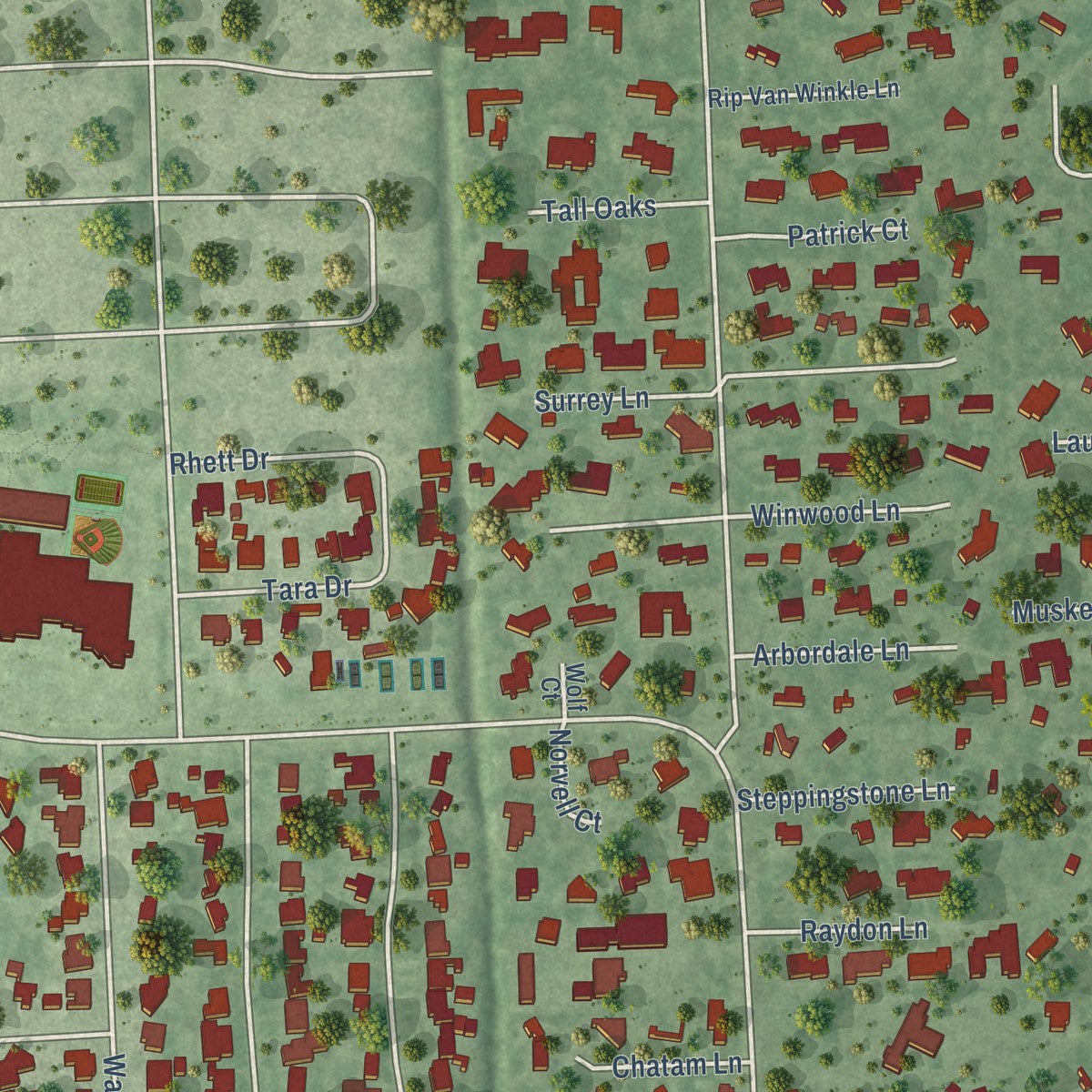 Close-up of the map of Bunker Hill Village, Texas print showing street and building detail