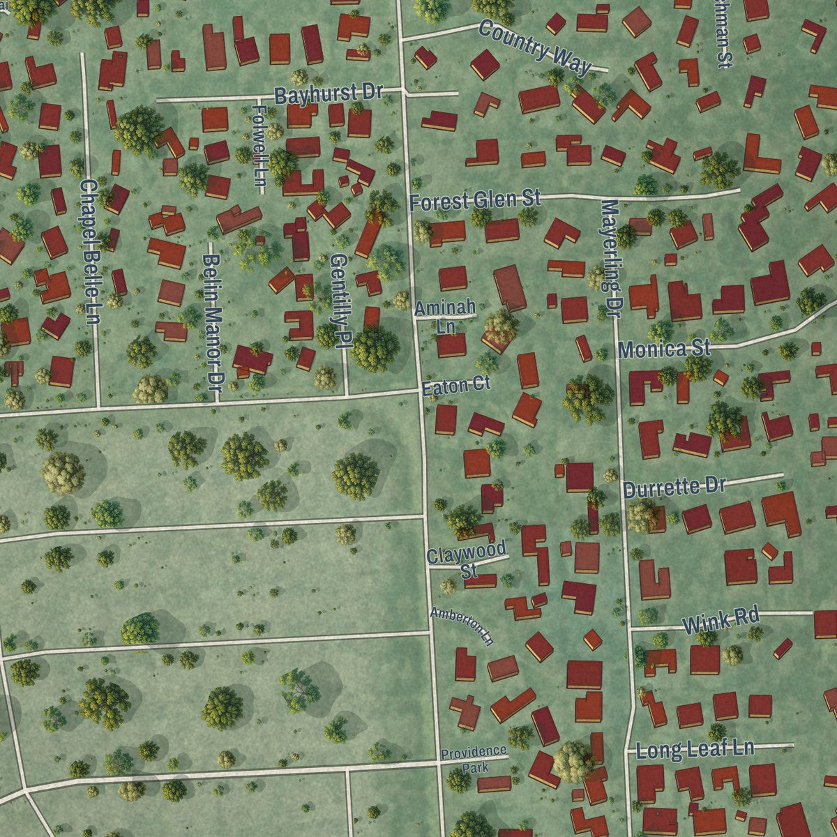 Second close-up of the map of Bunker Hill Village, Texas print showing more streets and buildings