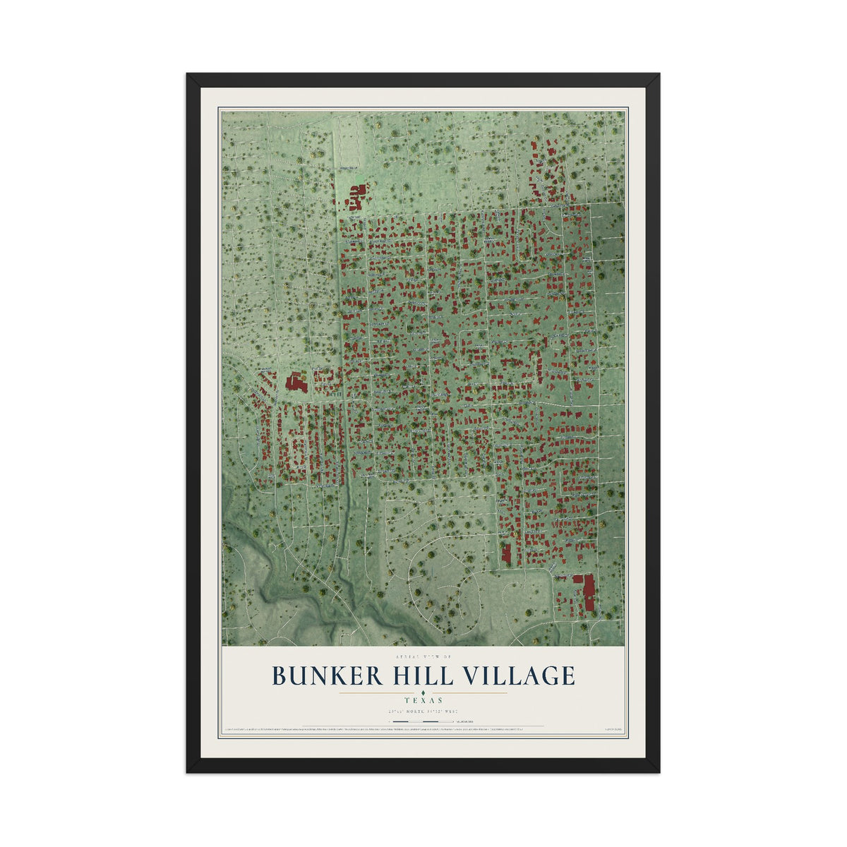 Map of Bunker Hill Village, Texas, 12 x 18 inch print in a black wood frame