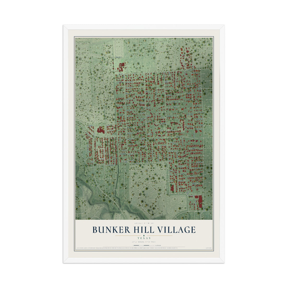 Map of Bunker Hill Village, Texas, 12 x 18 inch print in a white wood frame