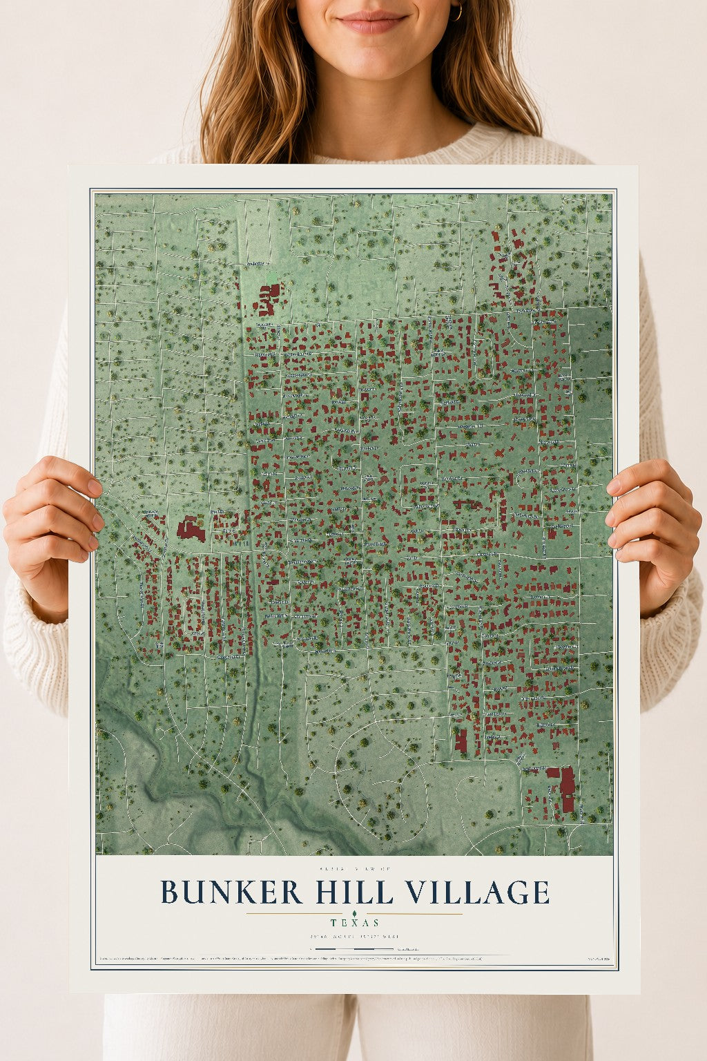 Map of Bunker Hill Village, Texas, 18 x 24 inch unframed archival matte print