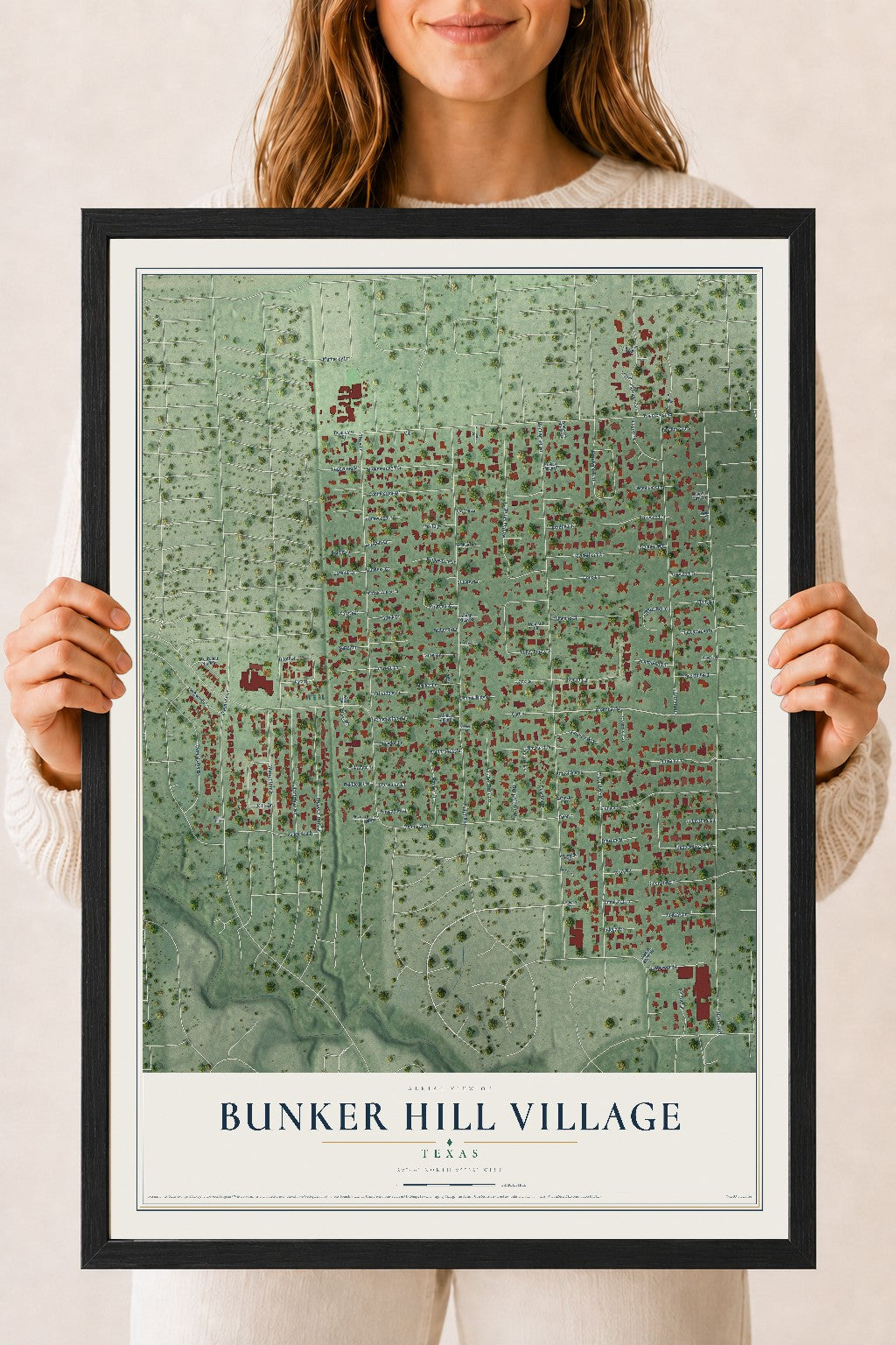 Map of Bunker Hill Village, Texas, 18 x 24 inch print in a black wood frame