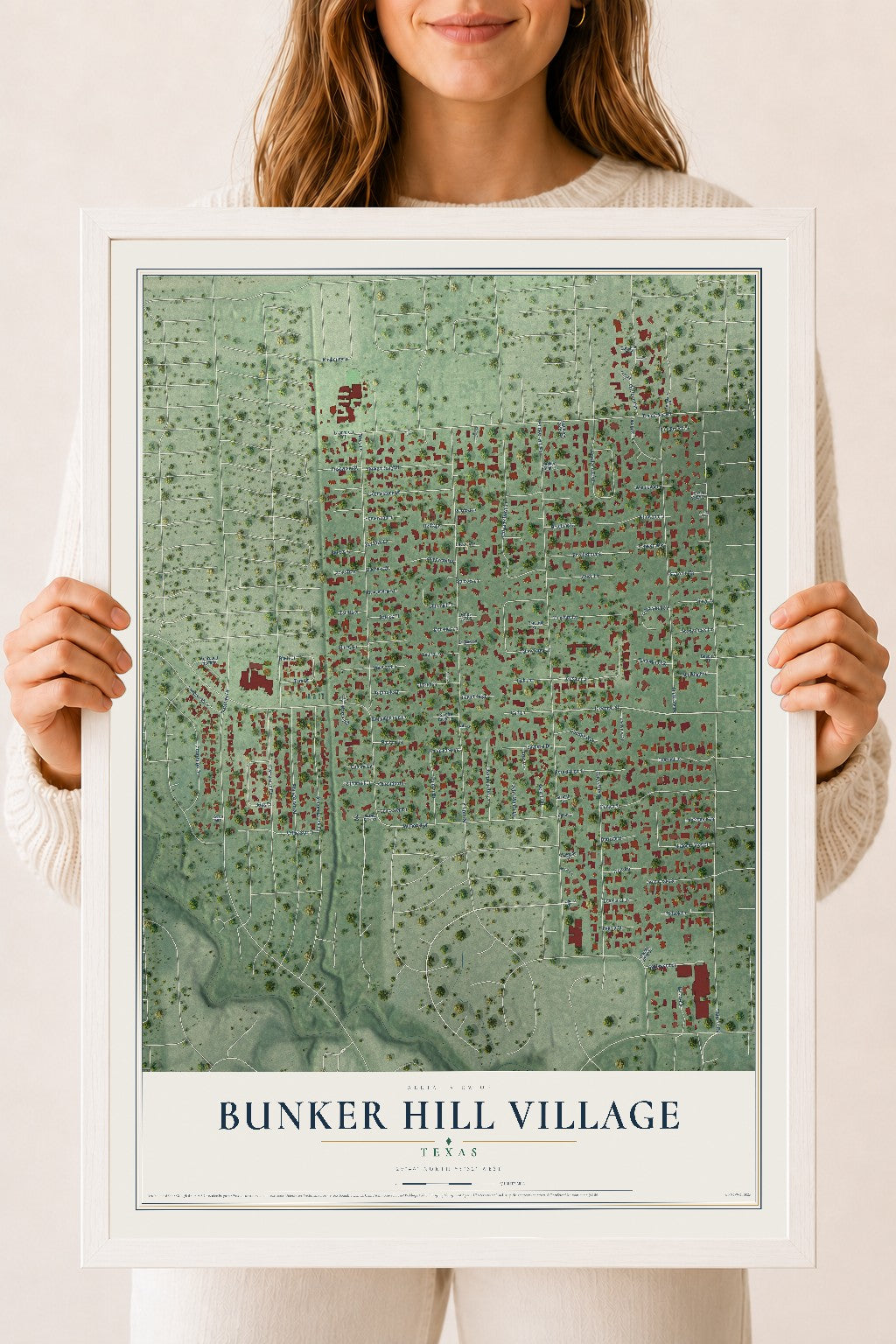 Map of Bunker Hill Village, Texas, 18 x 24 inch print in a white wood frame
