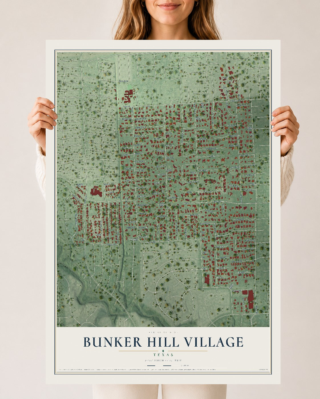 Map of Bunker Hill Village, Texas, 24 x 36 inch unframed archival matte print